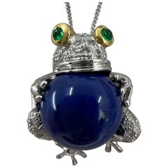 Unique 18k White Yellow Gold Frog Diamond Lapis Lazuli Emerald Pendant Necklace