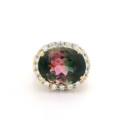 Unique 18k Yellow Gold 8.64ct Multicolor Tourmaline Diamond Halo Sideways Ring