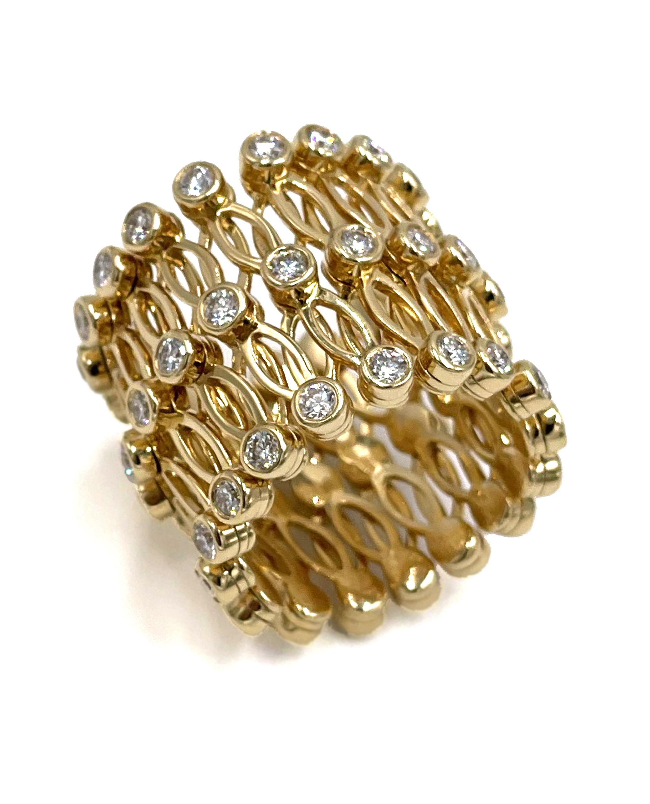 Round Cut Unique 18K Yellow Gold Convertible Ring to Bracelet with Diamonds