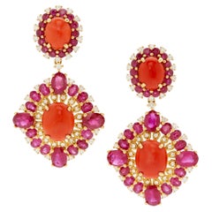 Unique 18k Yellow Gold Coral, Ruby, and Diamond Drop Stud Earrings