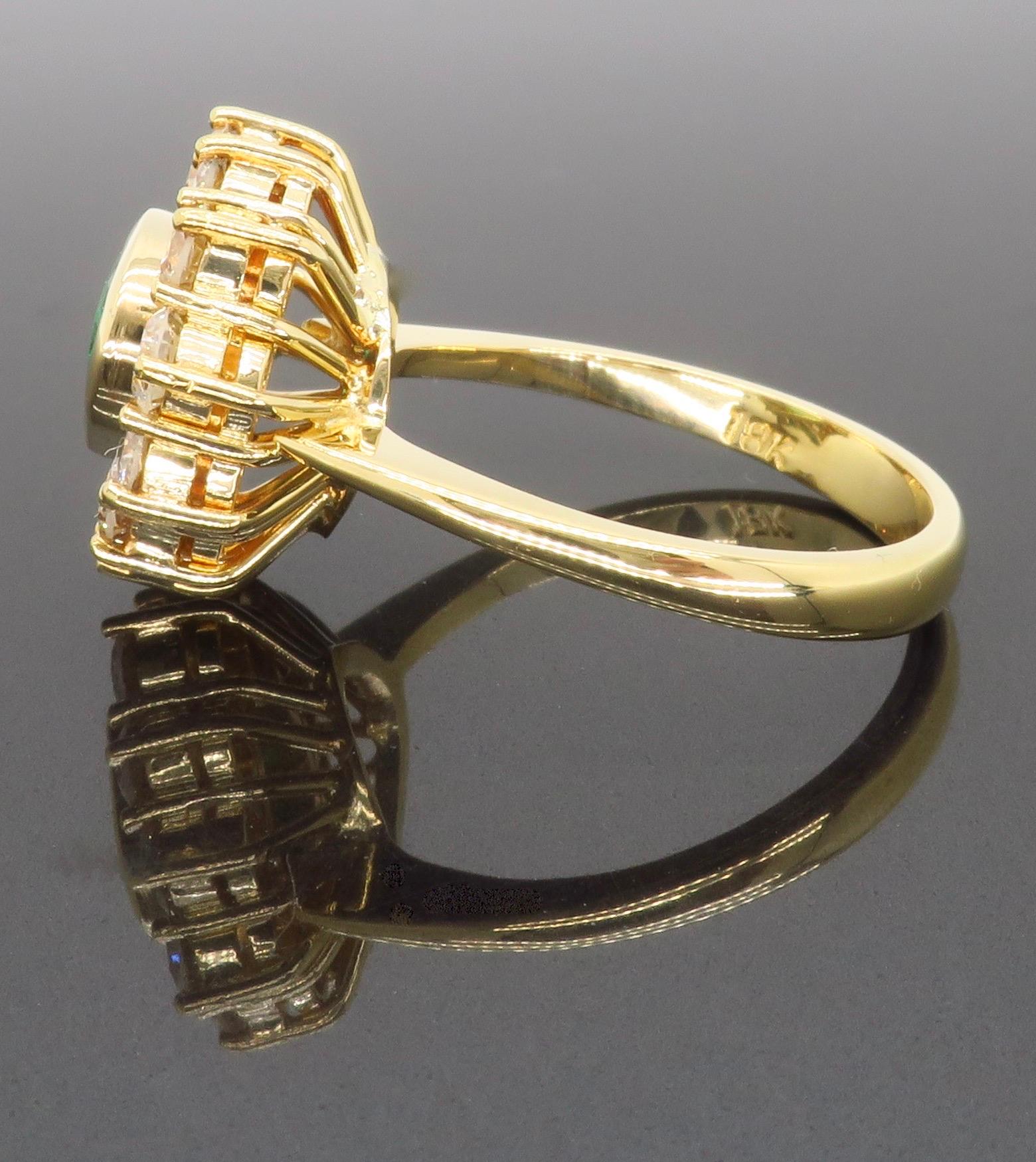 Unique 18k Yellow Gold Emerald & Diamond Halo Ring For Sale 5