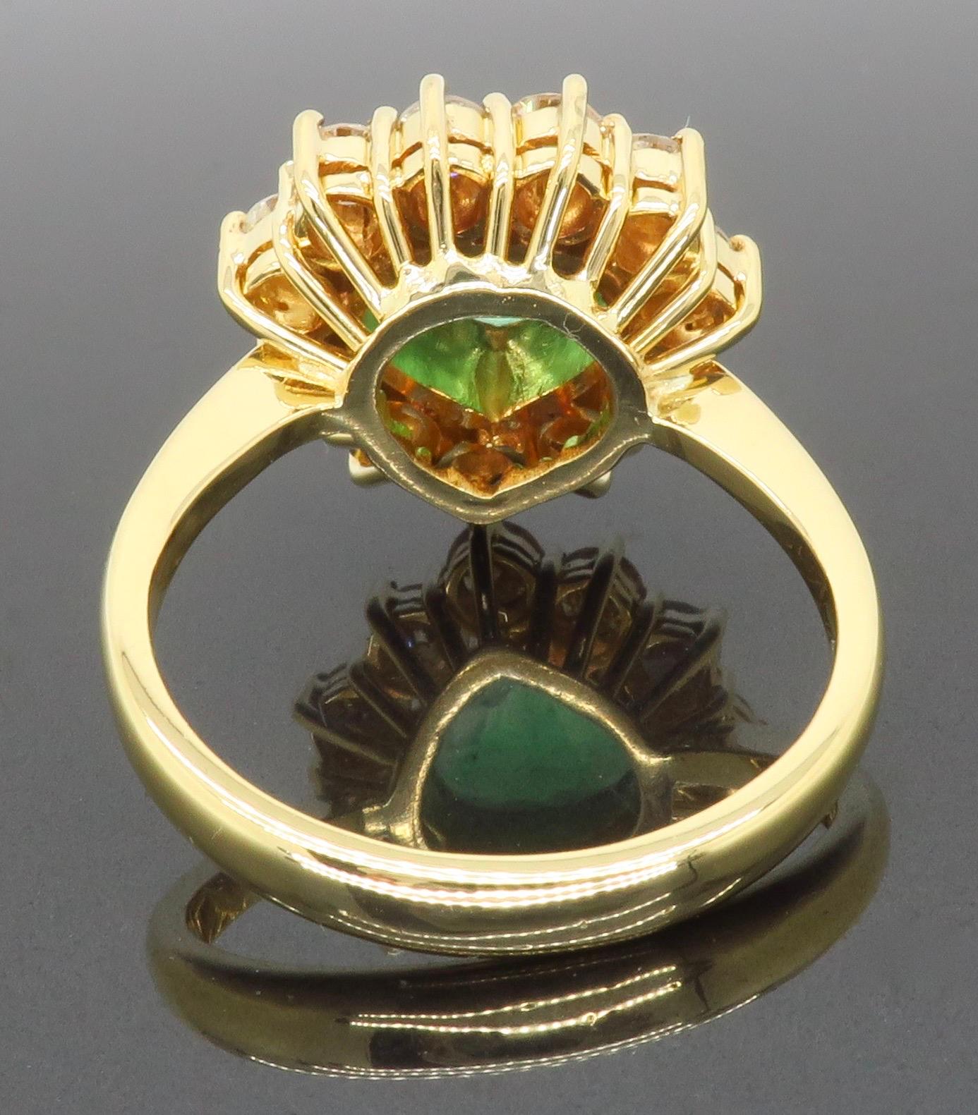 Unique 18k Yellow Gold Emerald & Diamond Halo Ring For Sale 6