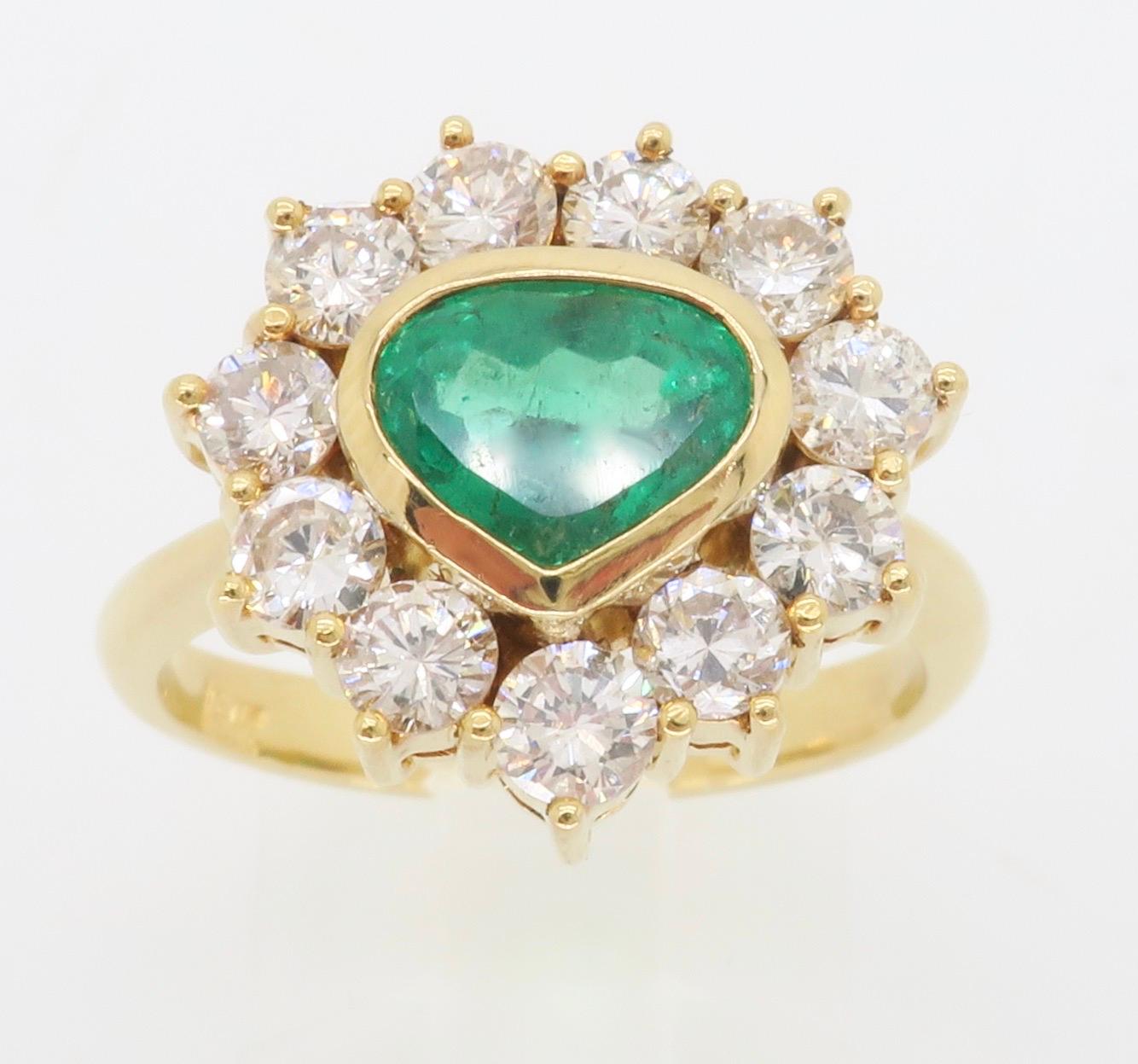 Unique 18k Yellow Gold Emerald & Diamond Halo Ring For Sale 7