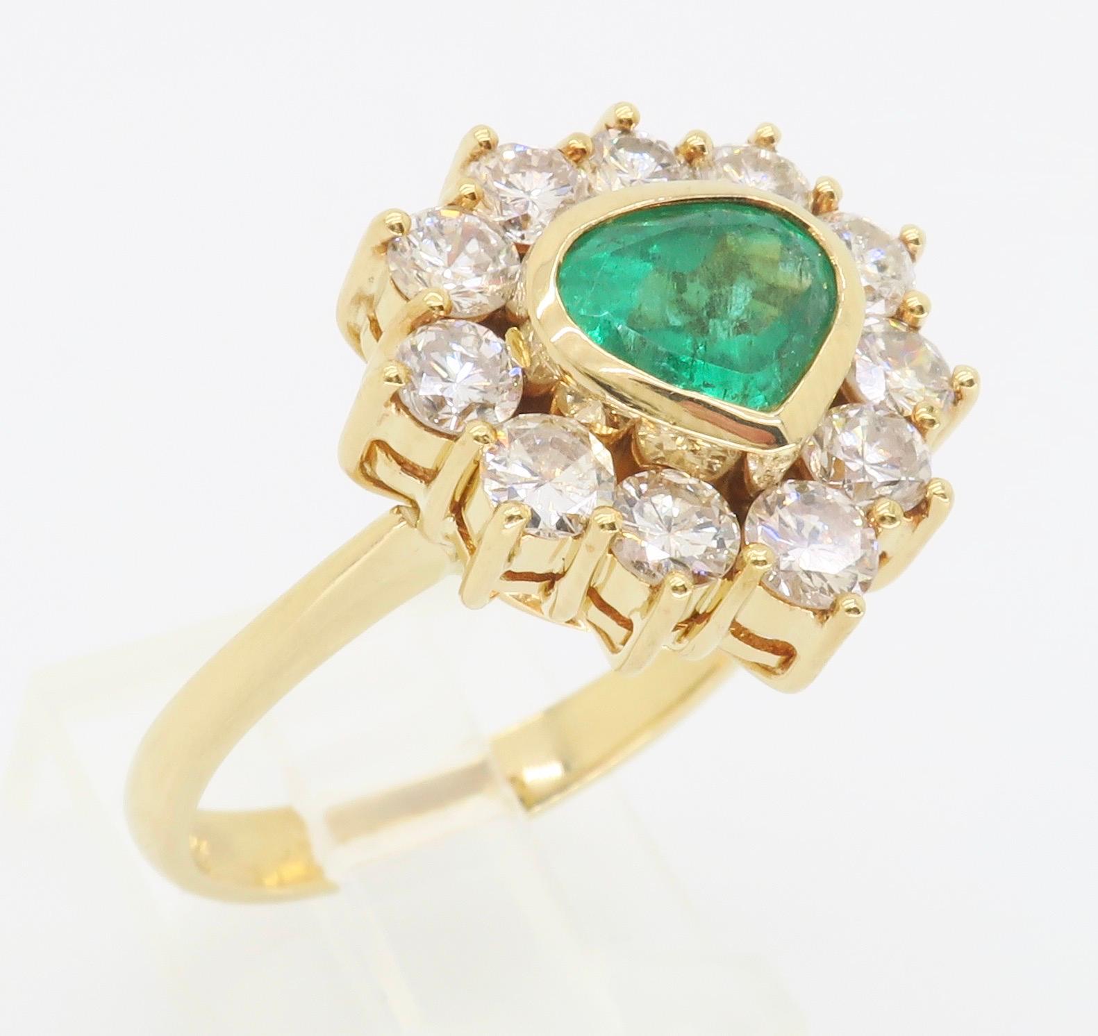 Unique 18k Yellow Gold Emerald & Diamond Halo Ring For Sale 8
