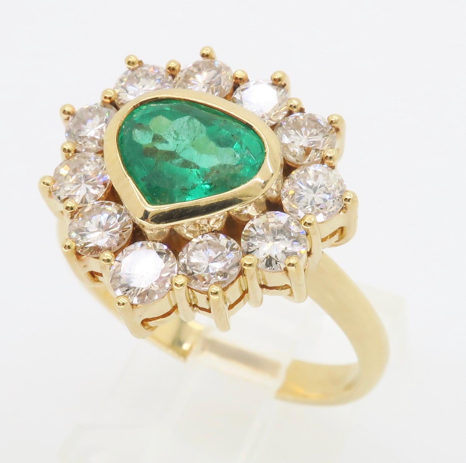 Unique 18k Yellow Gold Emerald & Diamond Halo Ring For Sale 9