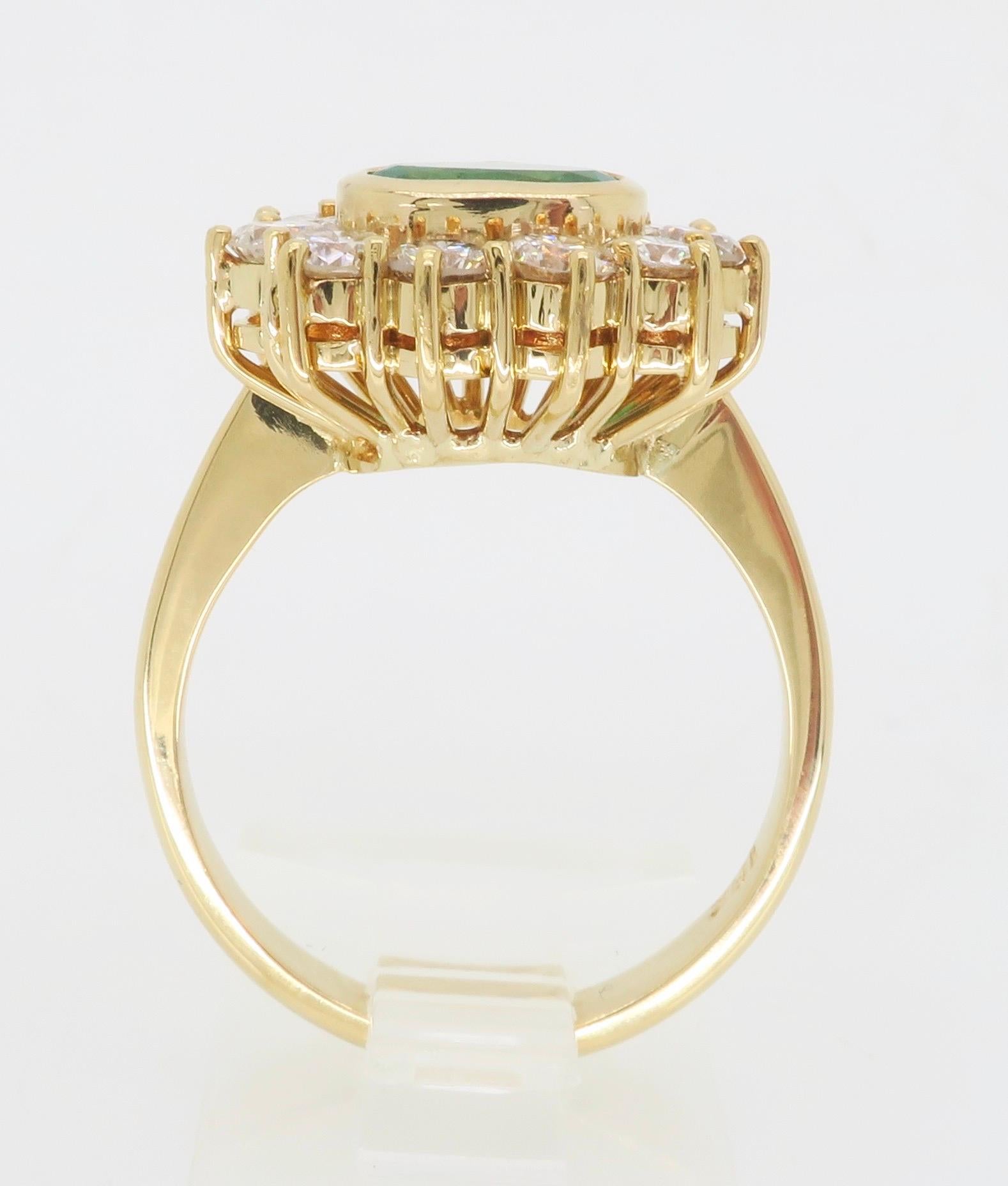 Unique 18k Yellow Gold Emerald & Diamond Halo Ring For Sale 10