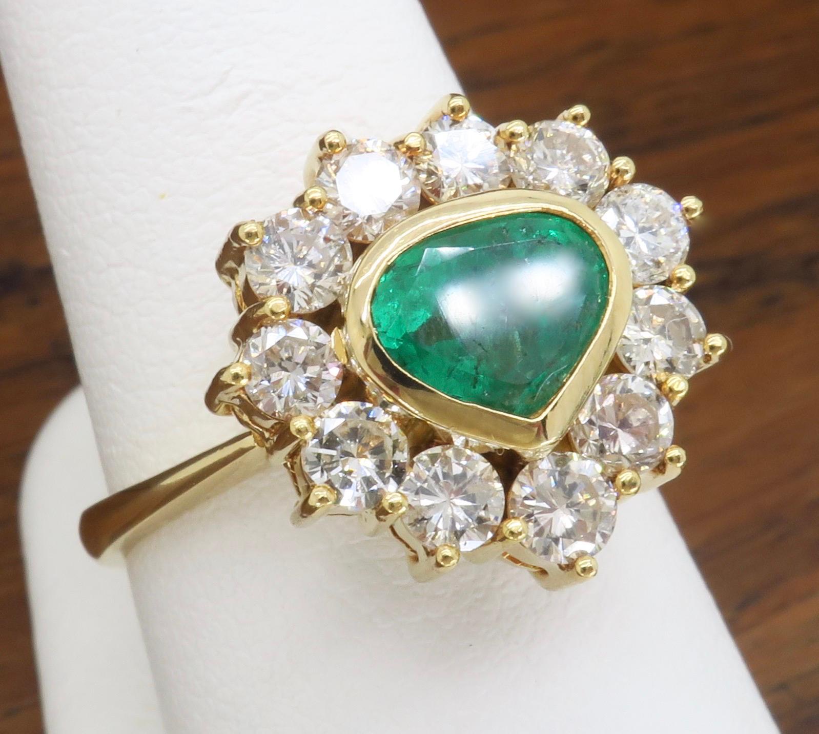 Unique 18k Yellow Gold Emerald & Diamond Halo Ring In Excellent Condition For Sale In Webster, NY