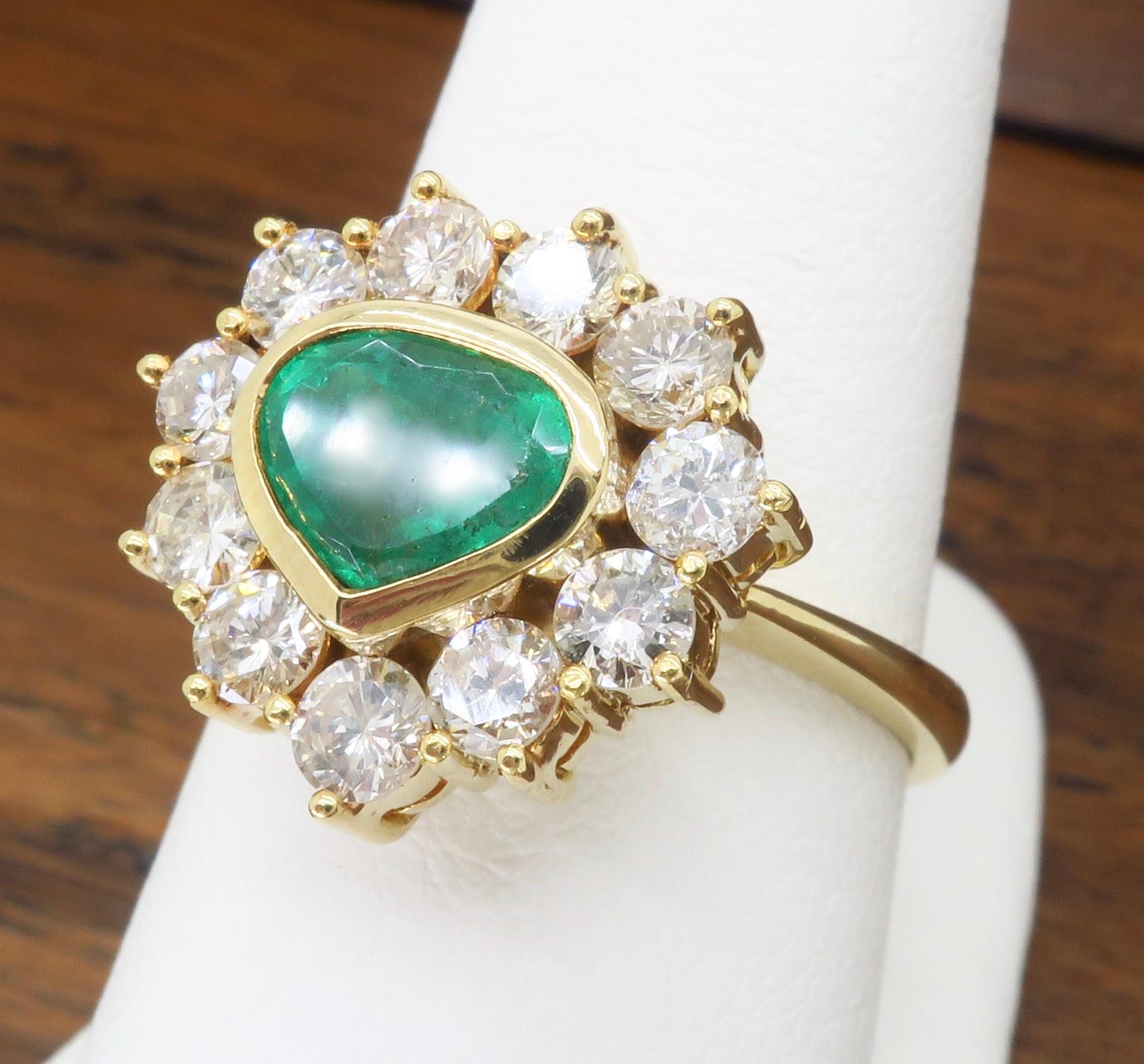 Unique 18k Yellow Gold Emerald & Diamond Halo Ring For Sale 1