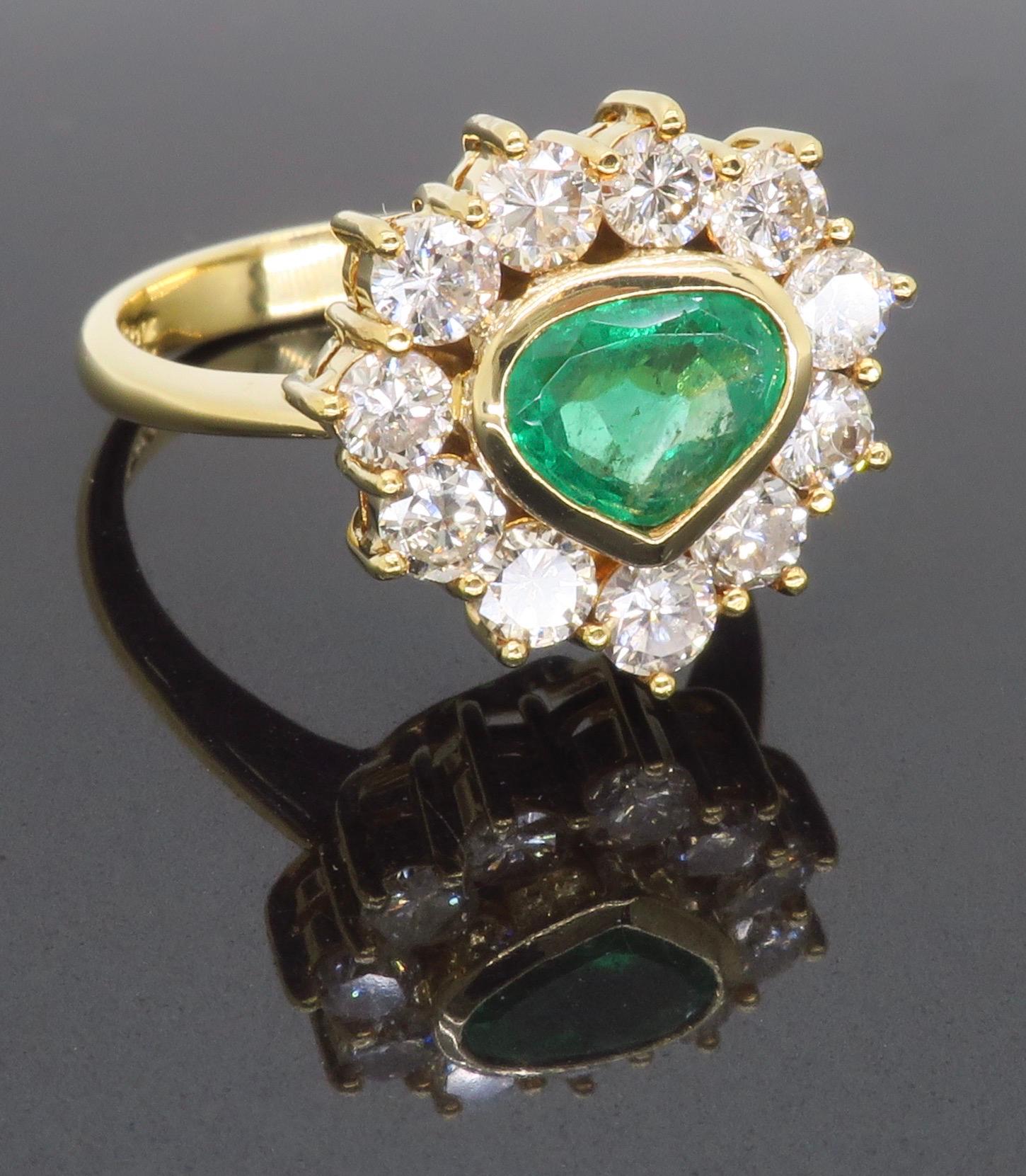 Unique 18k Yellow Gold Emerald & Diamond Halo Ring For Sale 2