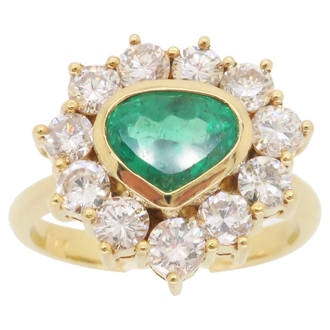 Unique 18k Yellow Gold Emerald & Diamond Halo Ring For Sale