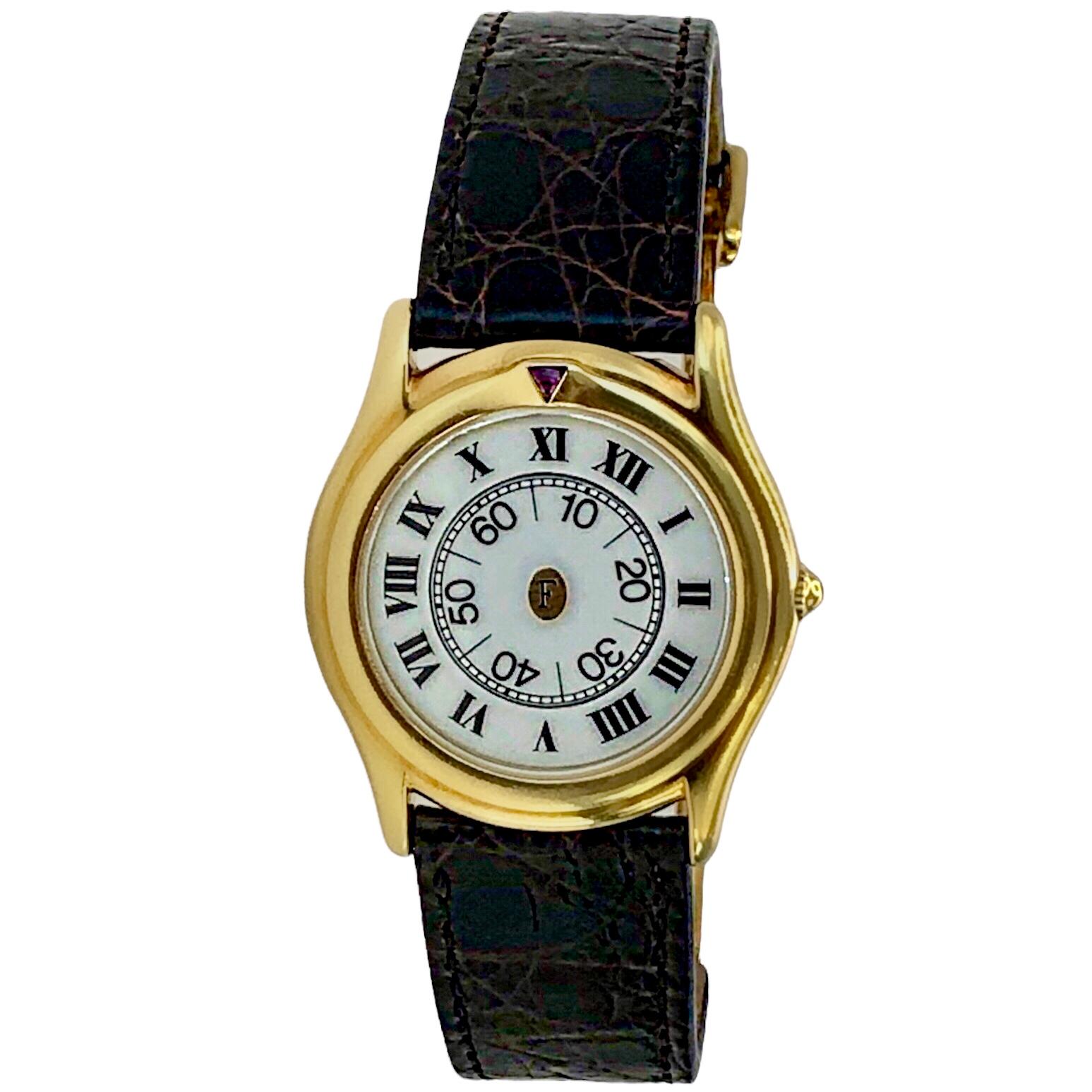 Modern Unique 18K Yellow Gold Faraone Designer Watch with Ruby Marker