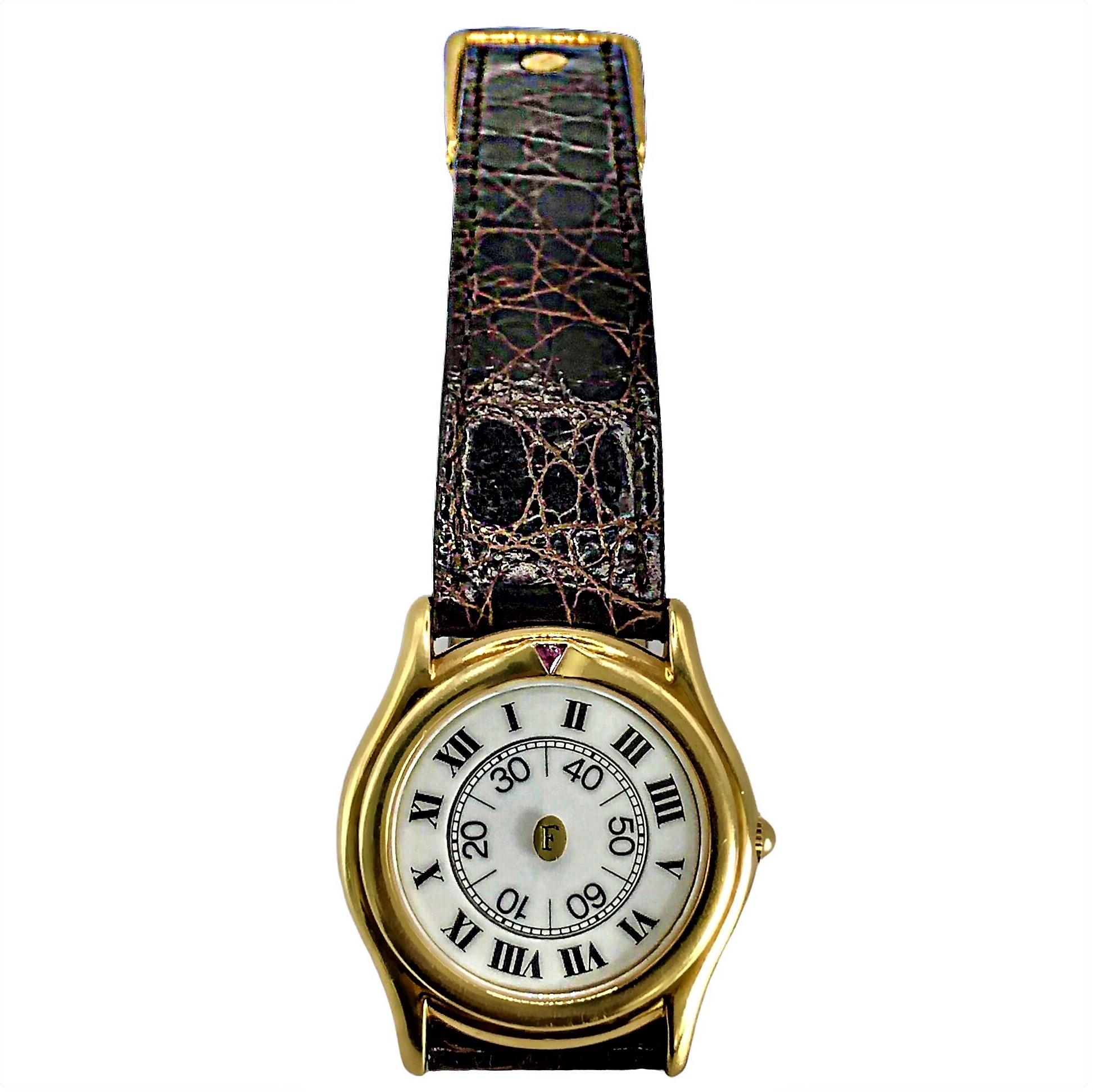 Trillion Cut Unique 18K Yellow Gold Faraone Designer Watch with Ruby Marker