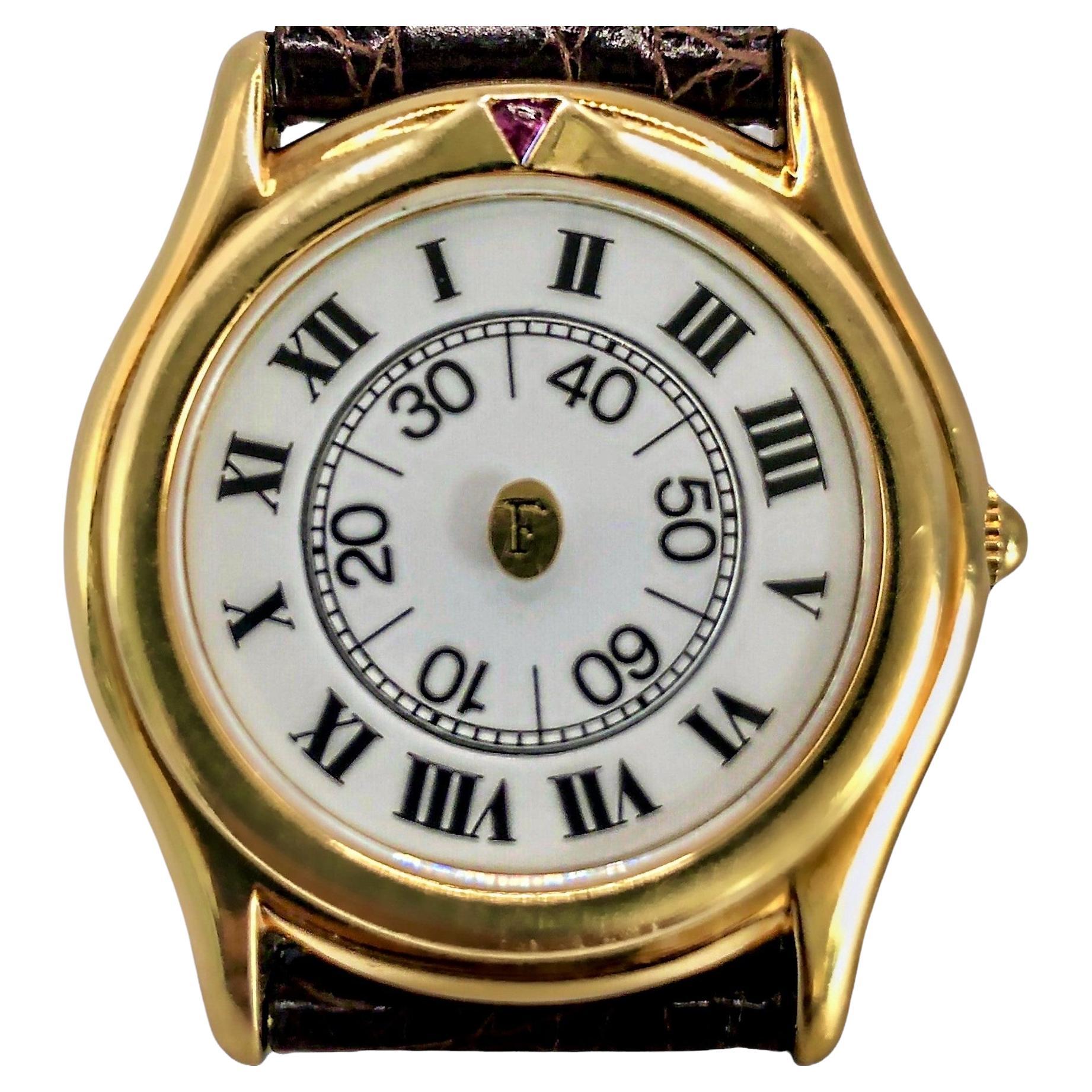 Unique 18K Yellow Gold Faraone Designer Watch with Ruby Marker