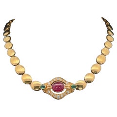 Unique 18k Yellow Gold Ruby Emerald 
Diamond Polished Oval Discs Necklace