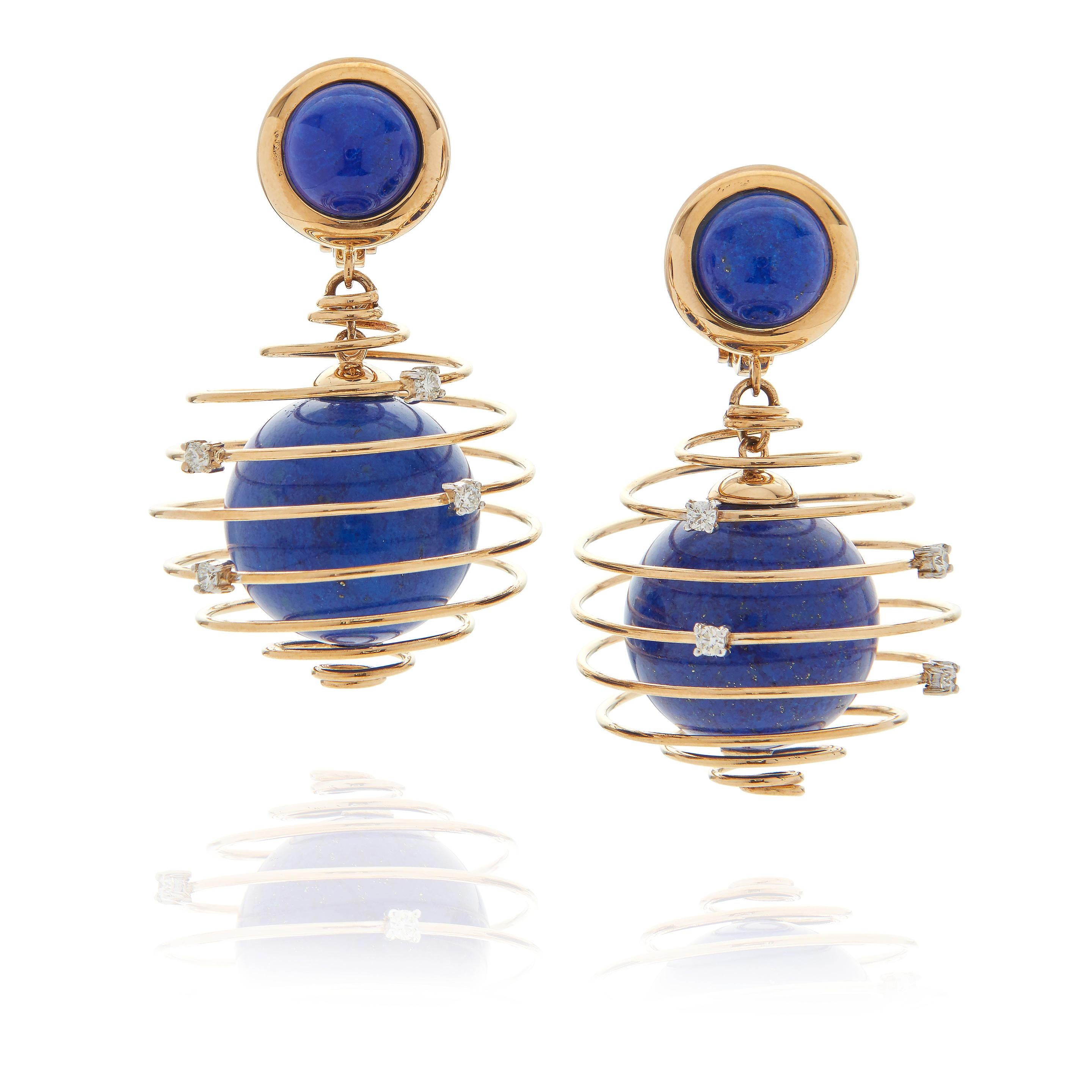 Unique 18k Yellow Gold Spring Drop Earrings with Lapis and Diamond Accents

Unique Drop Earrings Featuring Lapis Beads and Cabochons with Diamond Accents
Lapis Beads Set within Spiral 