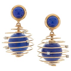 Unique 18k Yellow Gold Spring Drop Earrings with Lapis and Diamond Accents