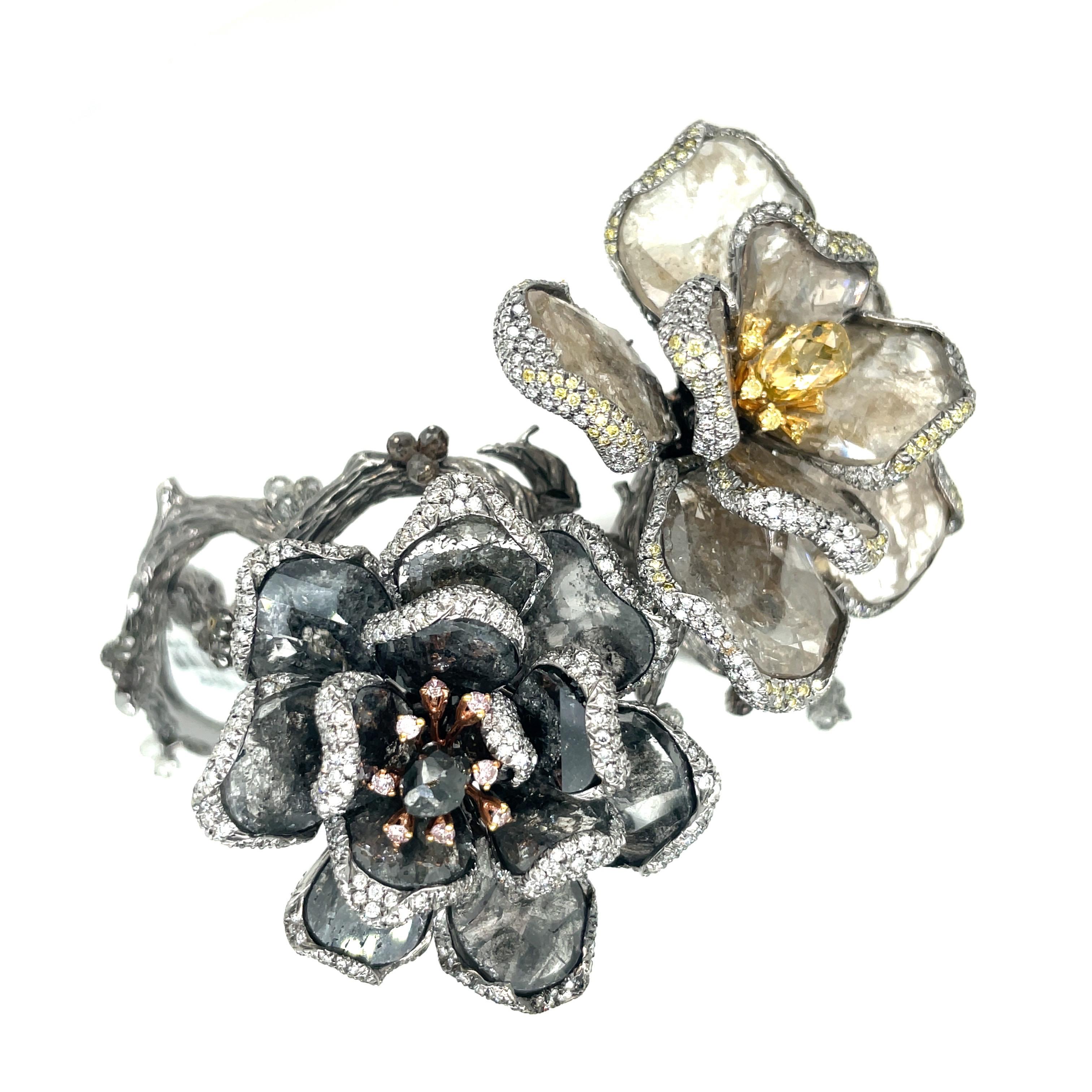 Women's or Men's Unique 18KT Twin Flower Bracelet 48.25Cts. Diamond Slice & Fancy Colored Diamond For Sale