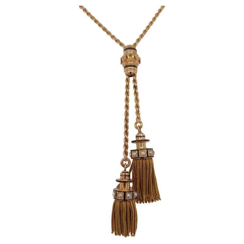 Unique 18kt Yellow Gold Long Vintage Tassel Necklace For Sale at 1stDibs