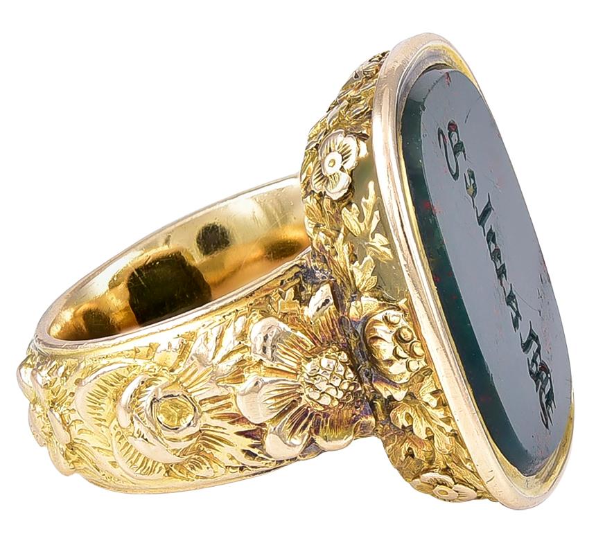 Baroque Unique 18th Century Bloodstone Intaglio Ring For Sale