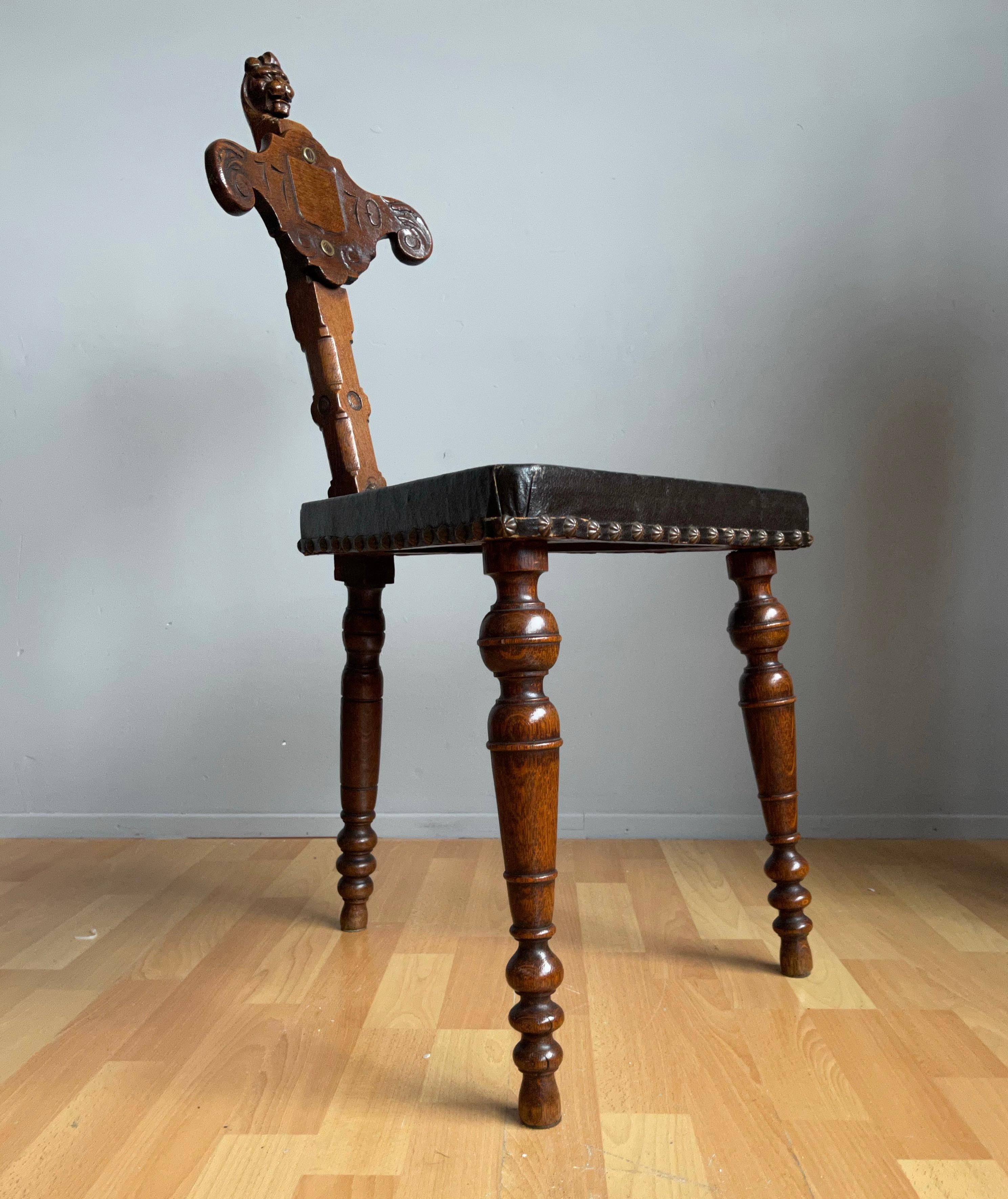 Unique 18th Century Renaissance Revival Carved Oak Three-Legged Chair with Lion For Sale 3