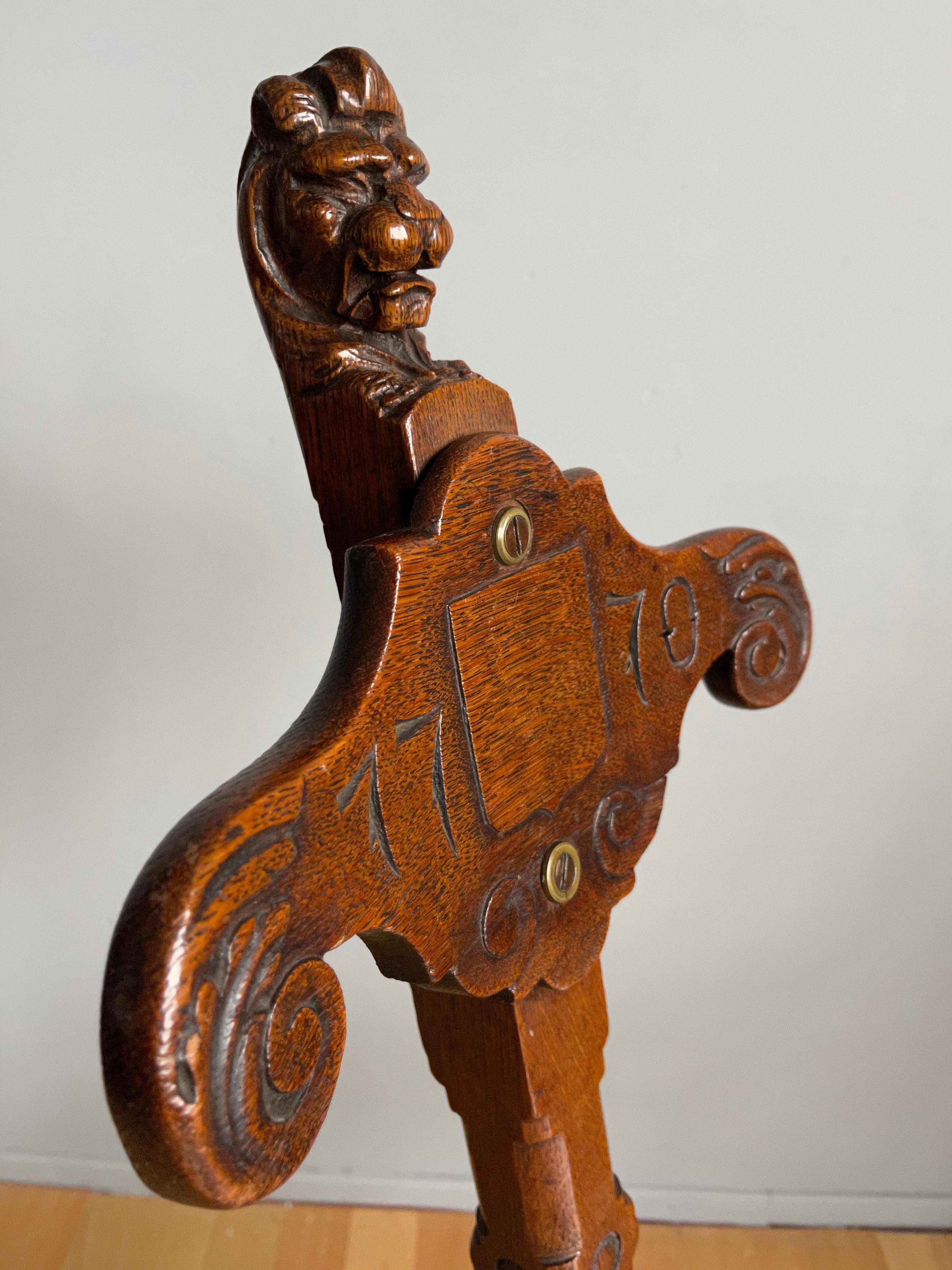 Unique 18th Century Renaissance Revival Carved Oak Three-Legged Chair with Lion For Sale 6