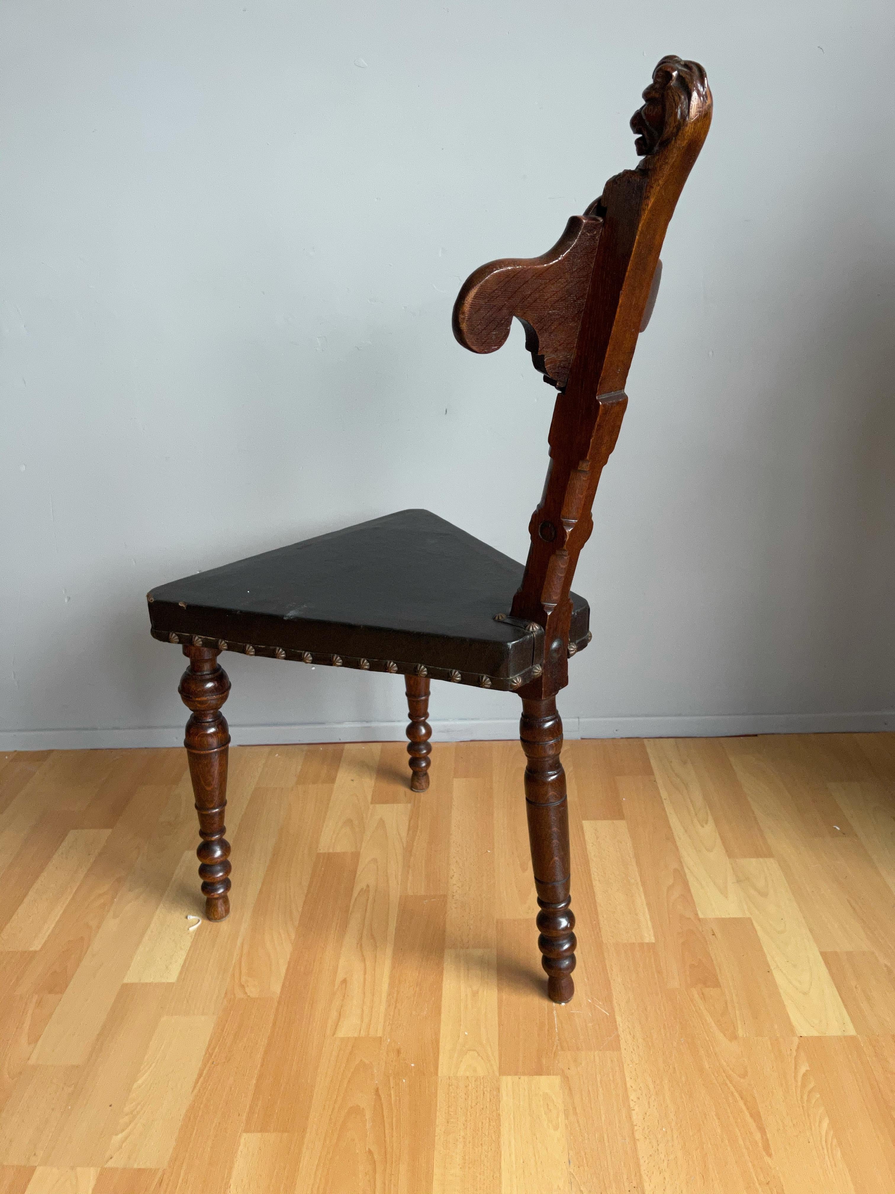Unique 18th Century Renaissance Revival Carved Oak Three-Legged Chair with Lion For Sale 9