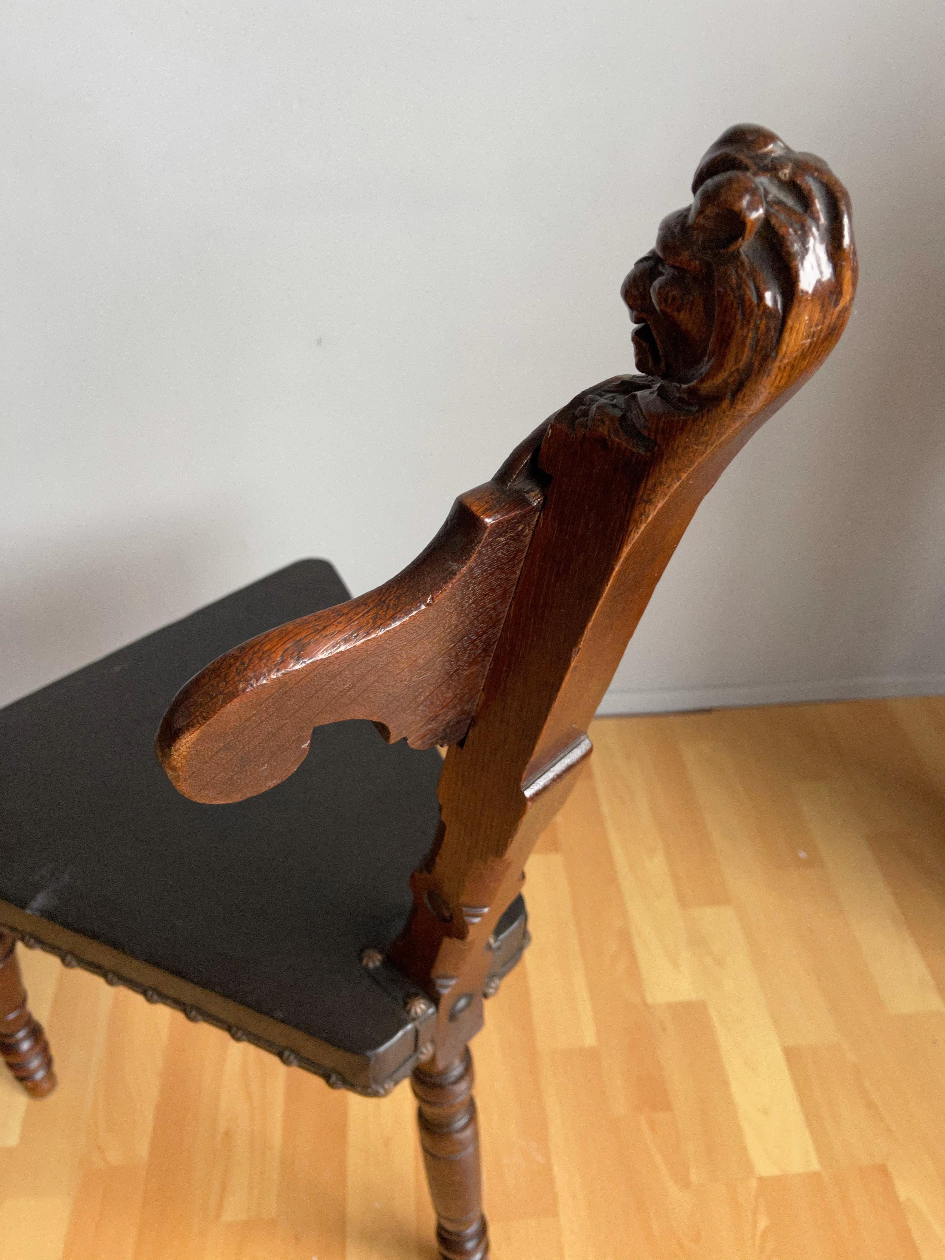 Unique 18th Century Renaissance Revival Carved Oak Three-Legged Chair with Lion For Sale 10