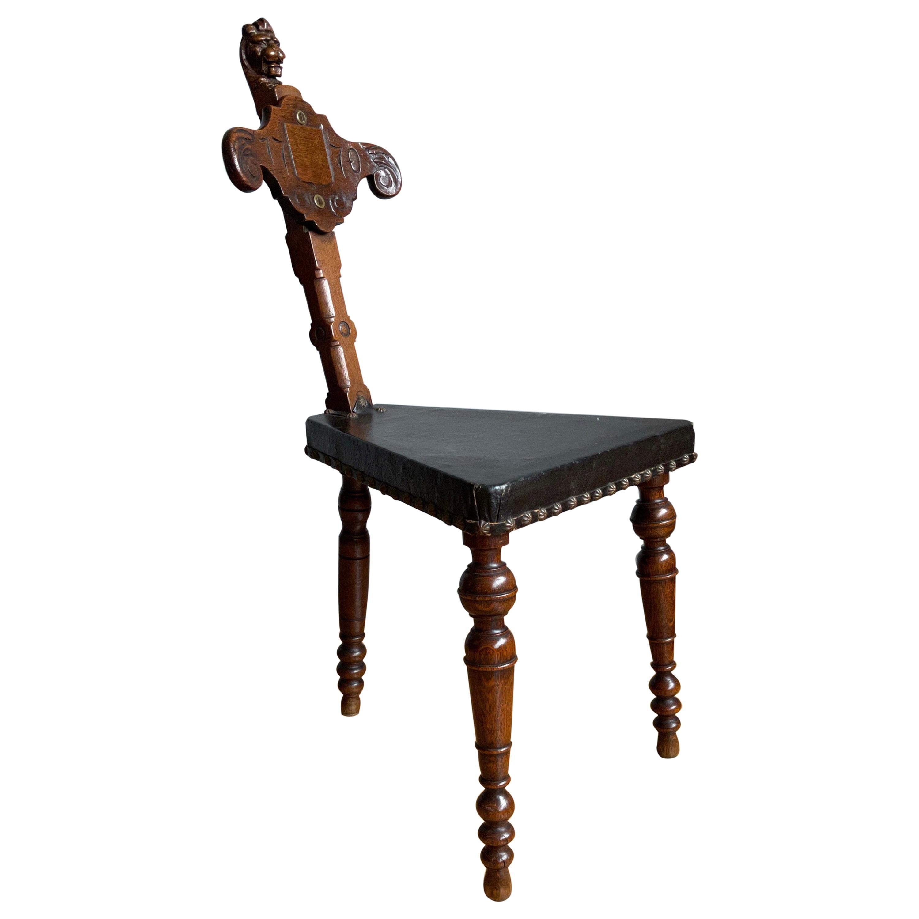 Unique 18th Century Renaissance Revival Carved Oak Three-Legged Chair with Lion For Sale