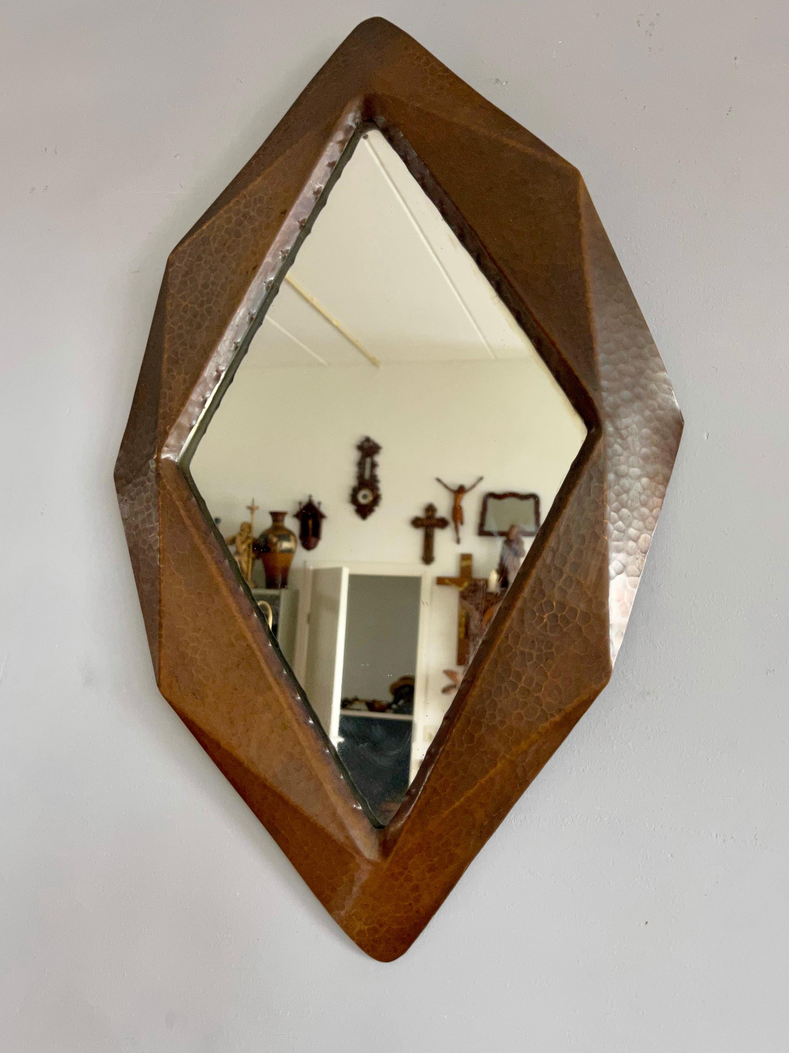 Unique Arts & Crafts Geometric, Cubist Shape, Crafted Copper Hallway Wall Mirror For Sale 3