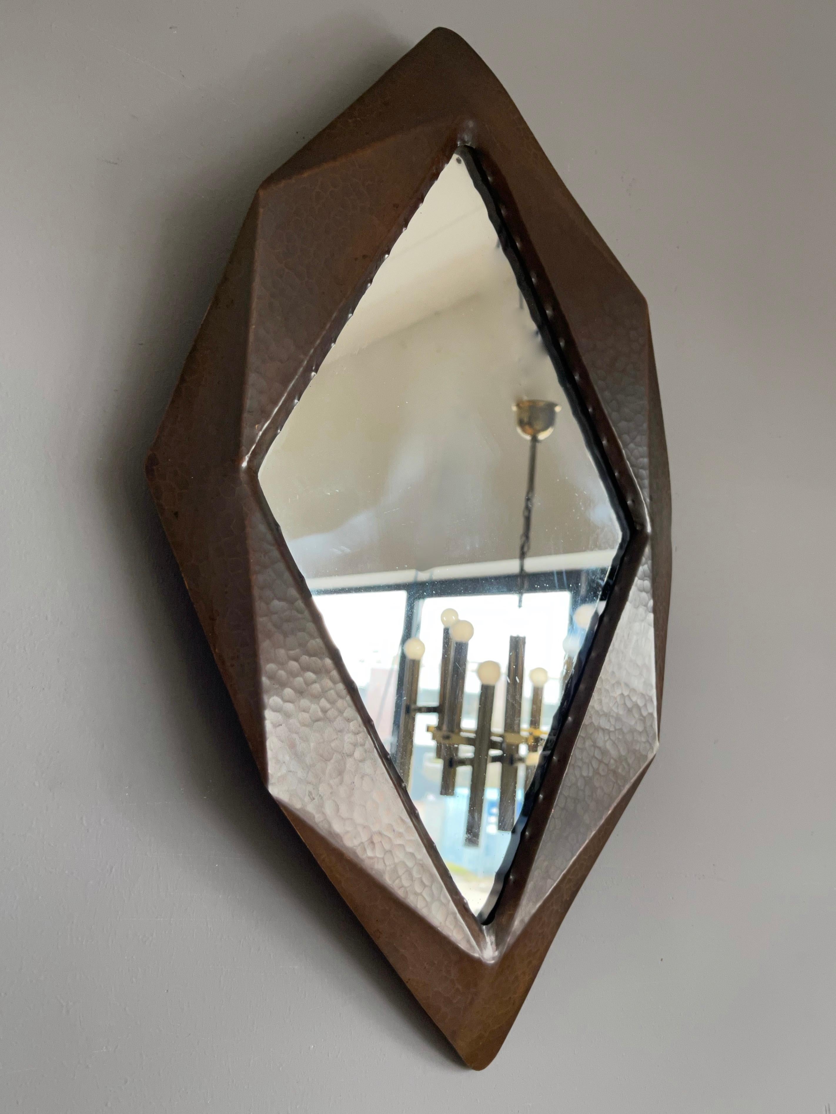 Unique Arts & Crafts Geometric, Cubist Shape, Crafted Copper Hallway Wall Mirror For Sale 4