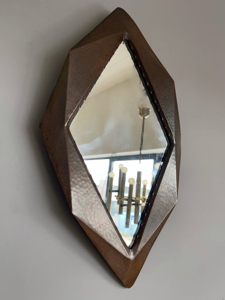 Unique Arts & Crafts Cubist Shape, Handcrafted Copper Hallway Wall Mirror For Sale 7