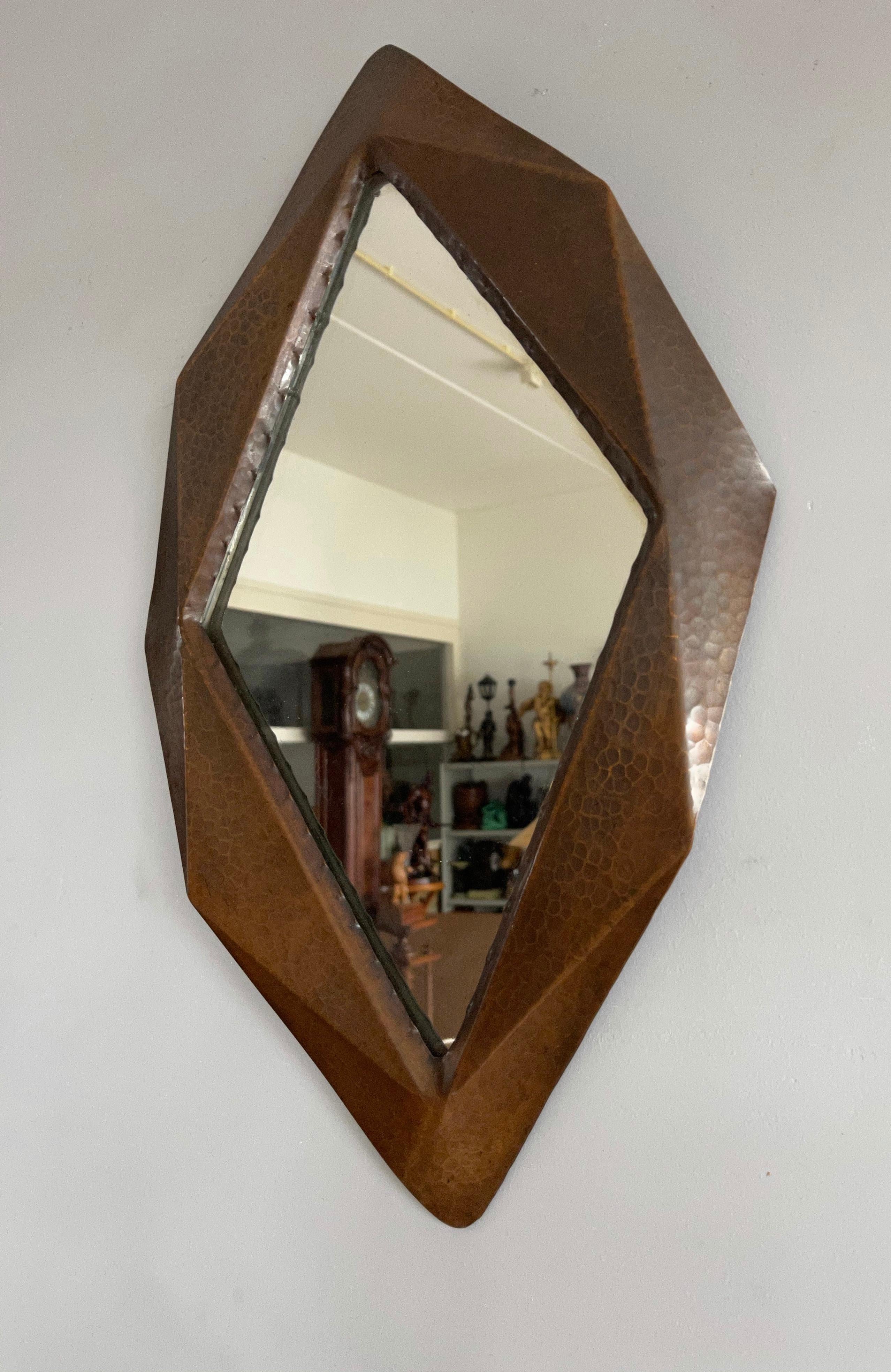 Unique Arts & Crafts Geometric, Cubist Shape, Crafted Copper Hallway Wall Mirror For Sale 5