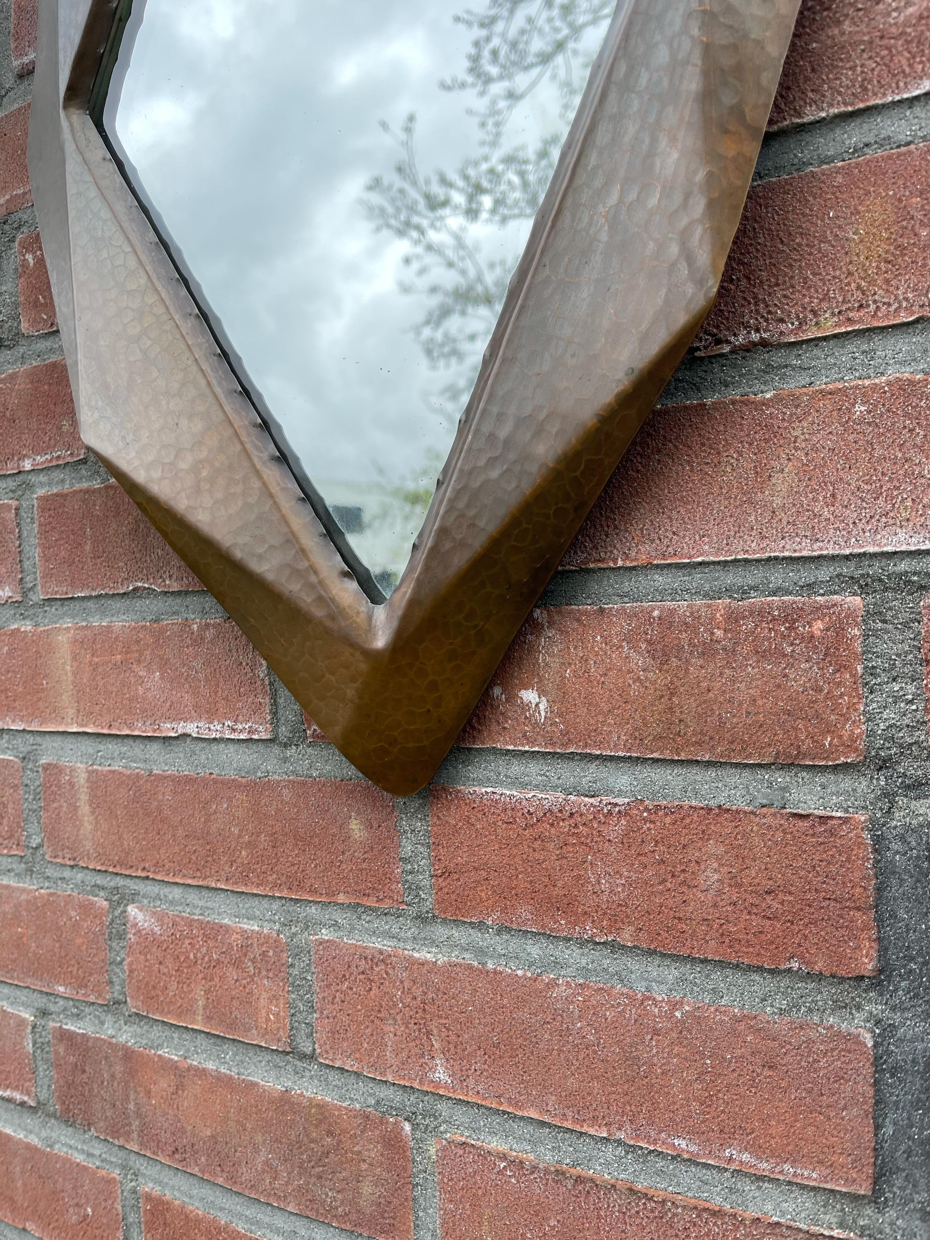 Hand-Crafted Unique Arts & Crafts Geometric, Cubist Shape, Crafted Copper Hallway Wall Mirror For Sale