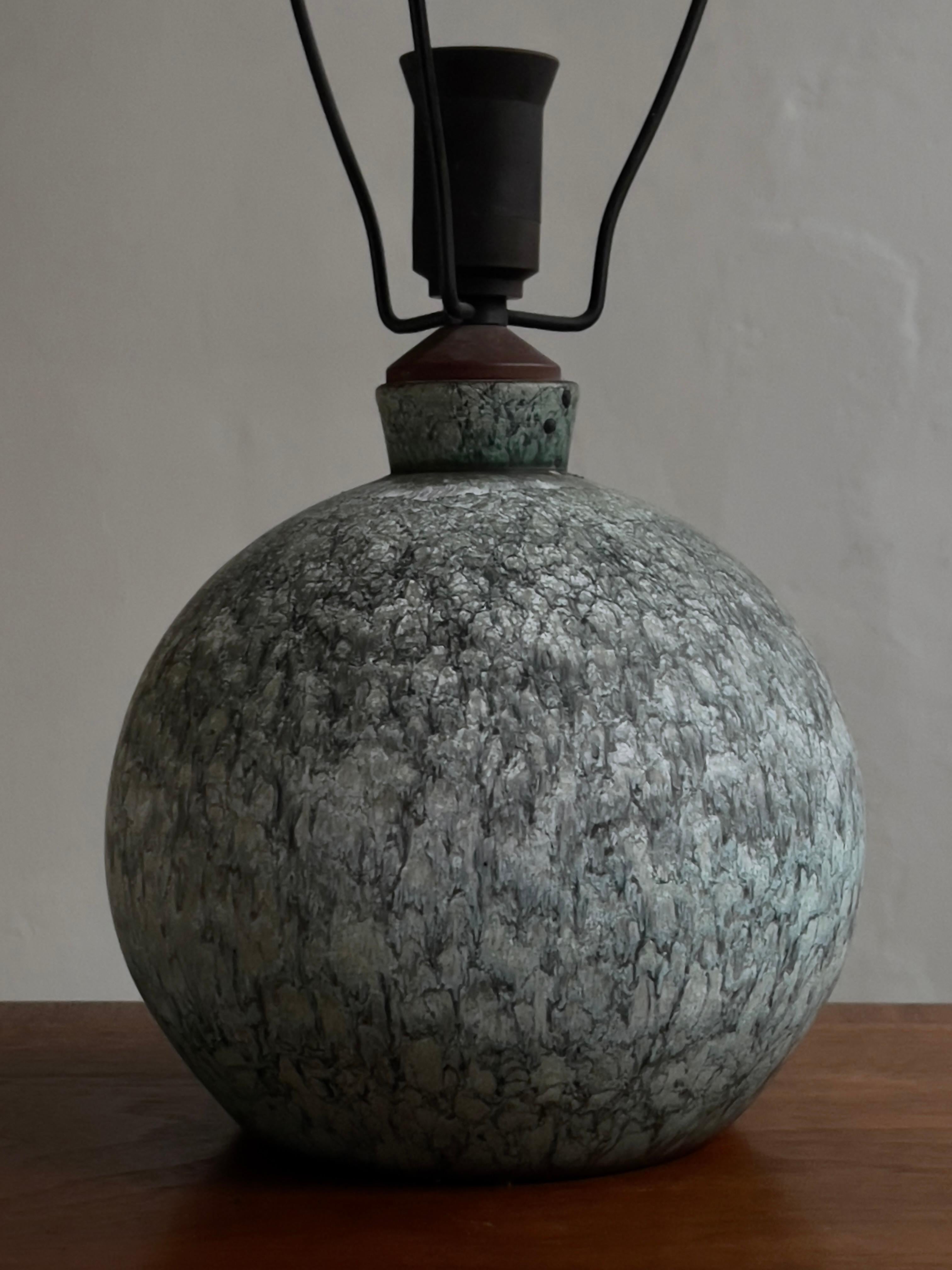 Early 20th Century Unique 1920s danish stoneware table lamp with light blue green matte glaze.