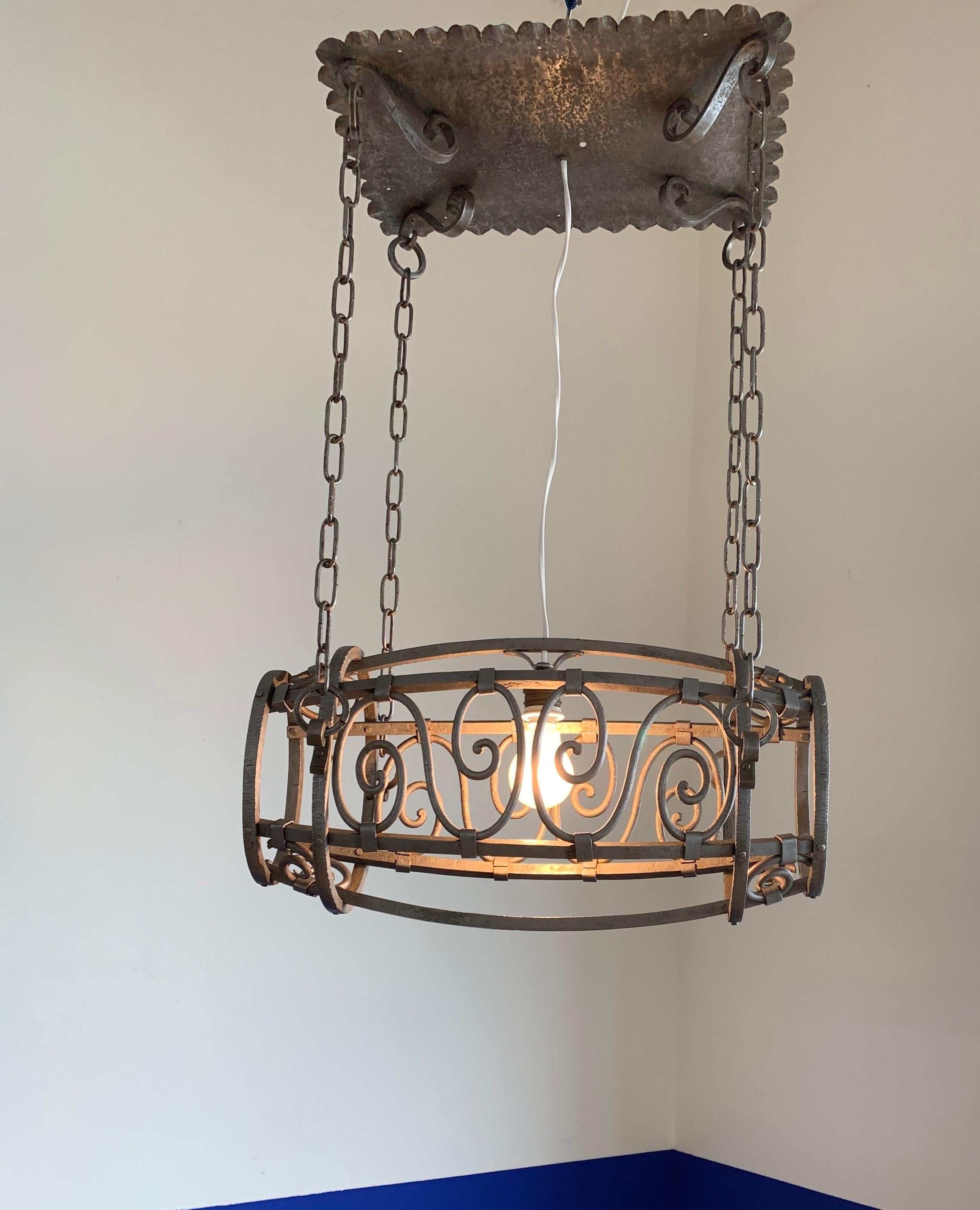 Unique 1920, Whisky Barrel Shaped Wrought Iron Distillery Pendant Light  For Sale 6