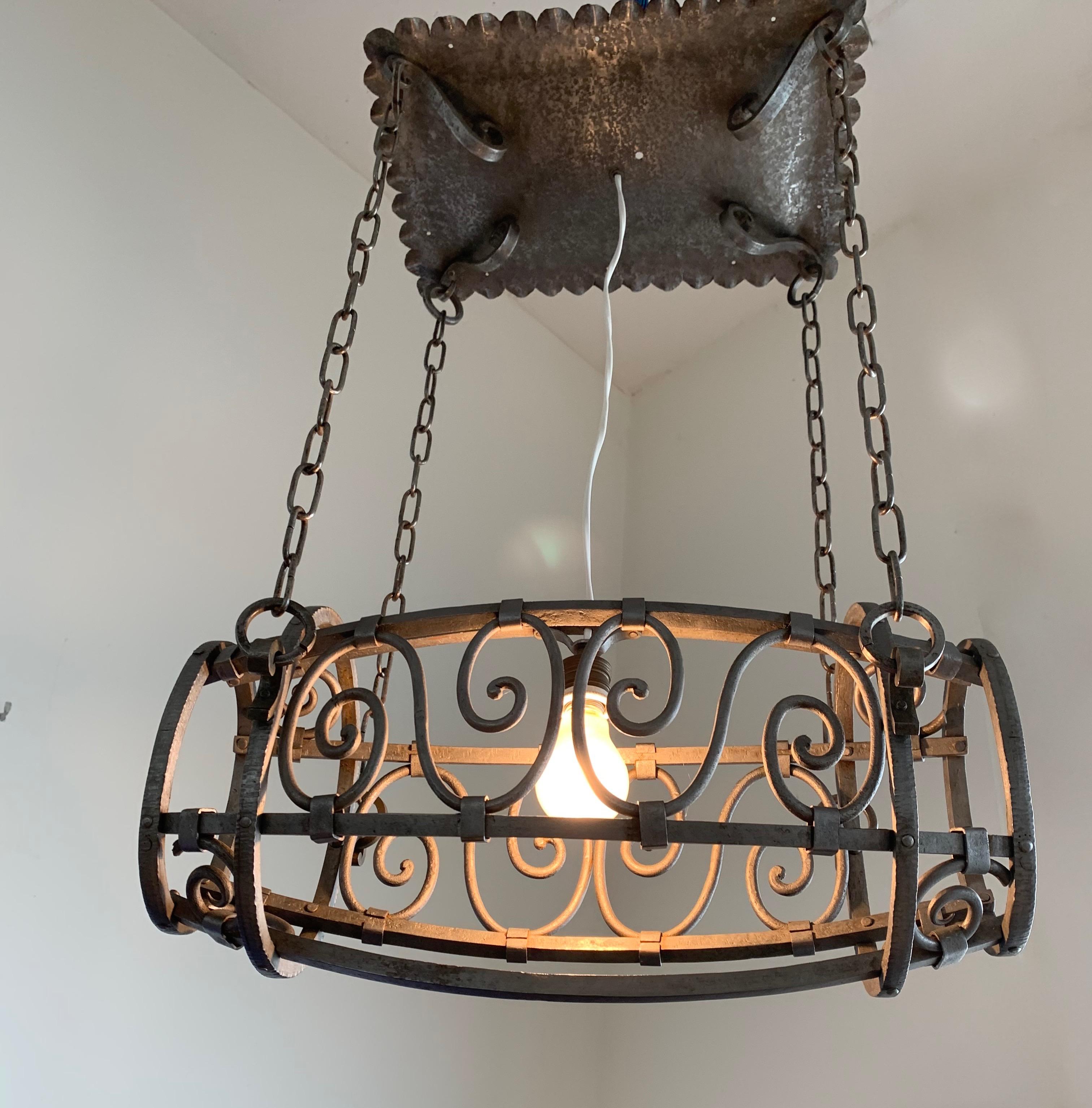 Unique 1920, Whisky Barrel Shaped Wrought Iron Distillery Pendant Light  For Sale 7