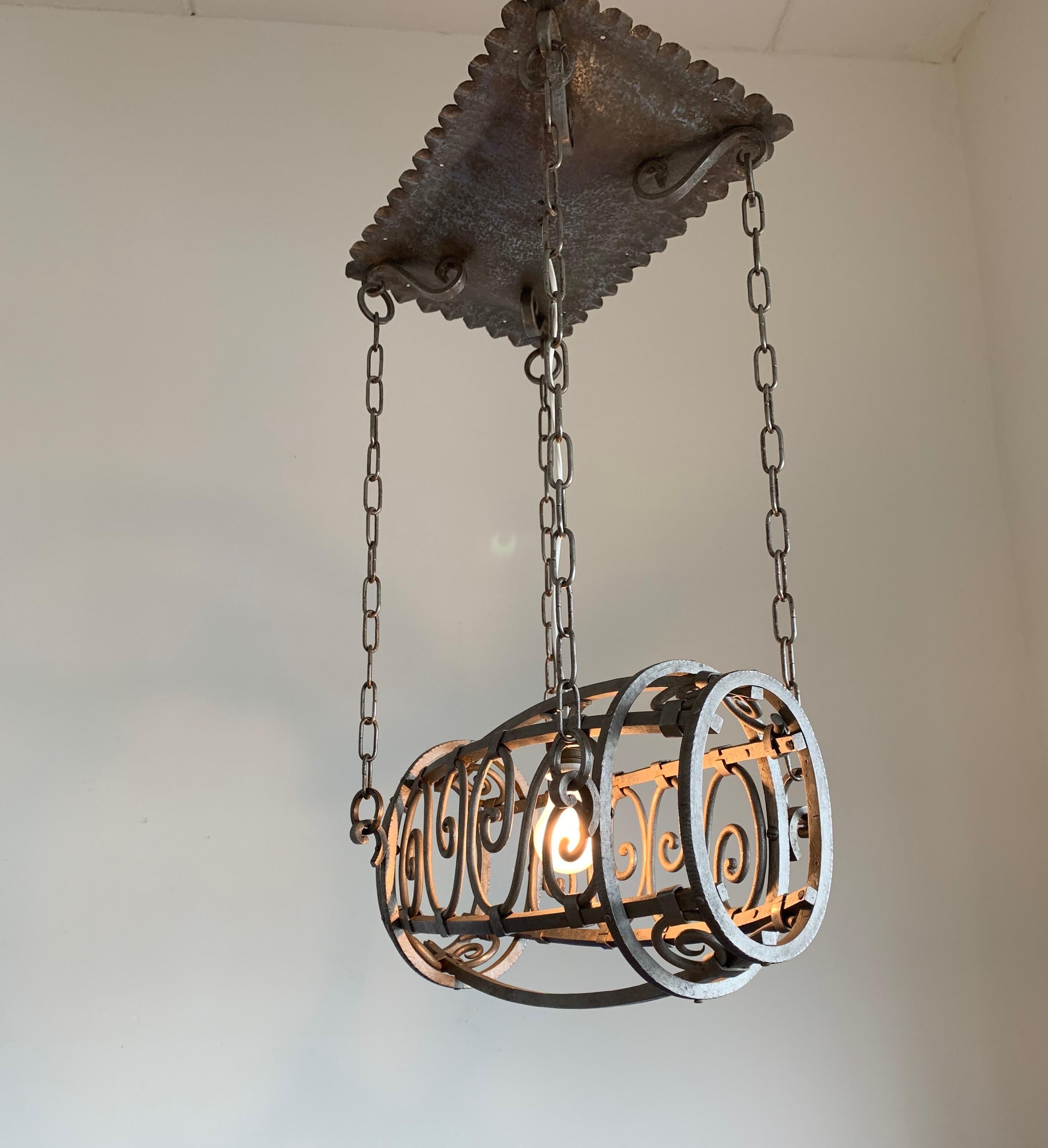 Unique 1920, Whisky Barrel Shaped Wrought Iron Distillery Pendant Light  For Sale 8