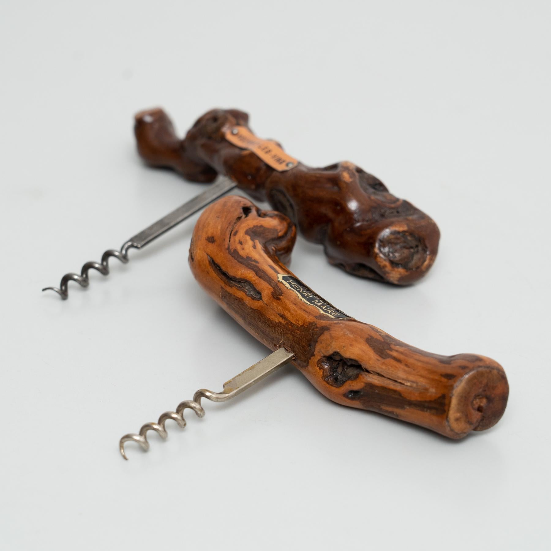 Mid-20th Century Unique 1930s French Vine Wood Corkscrews by Laurent Siret – Set of 2 For Sale