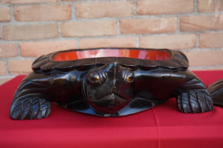 Large and Unique 1930 Hand Carved and Lacquered Wood Japanese Tortoise