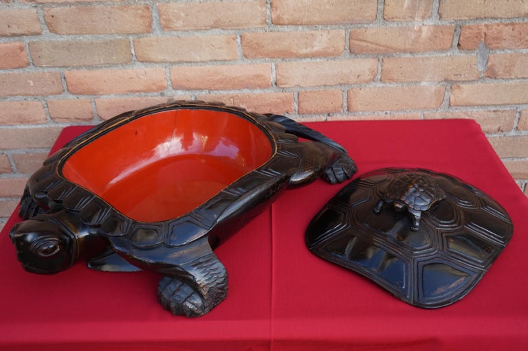 Large and Unique 1930 Hand Carved and Lacquered Wood Japanese Tortoise