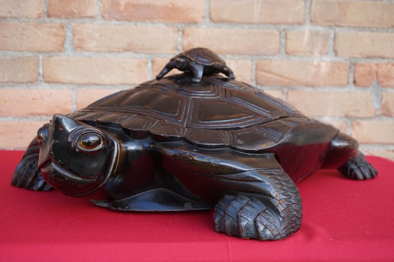 Large and Unique 1930 Hand Carved and Lacquered Wood Japanese Tortoise
