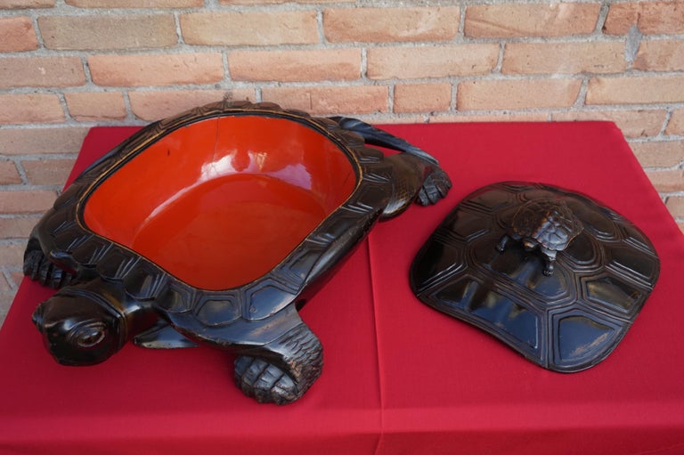 Large and Unique 1930 Hand Carved and Lacquered Wood Japanese Tortoise