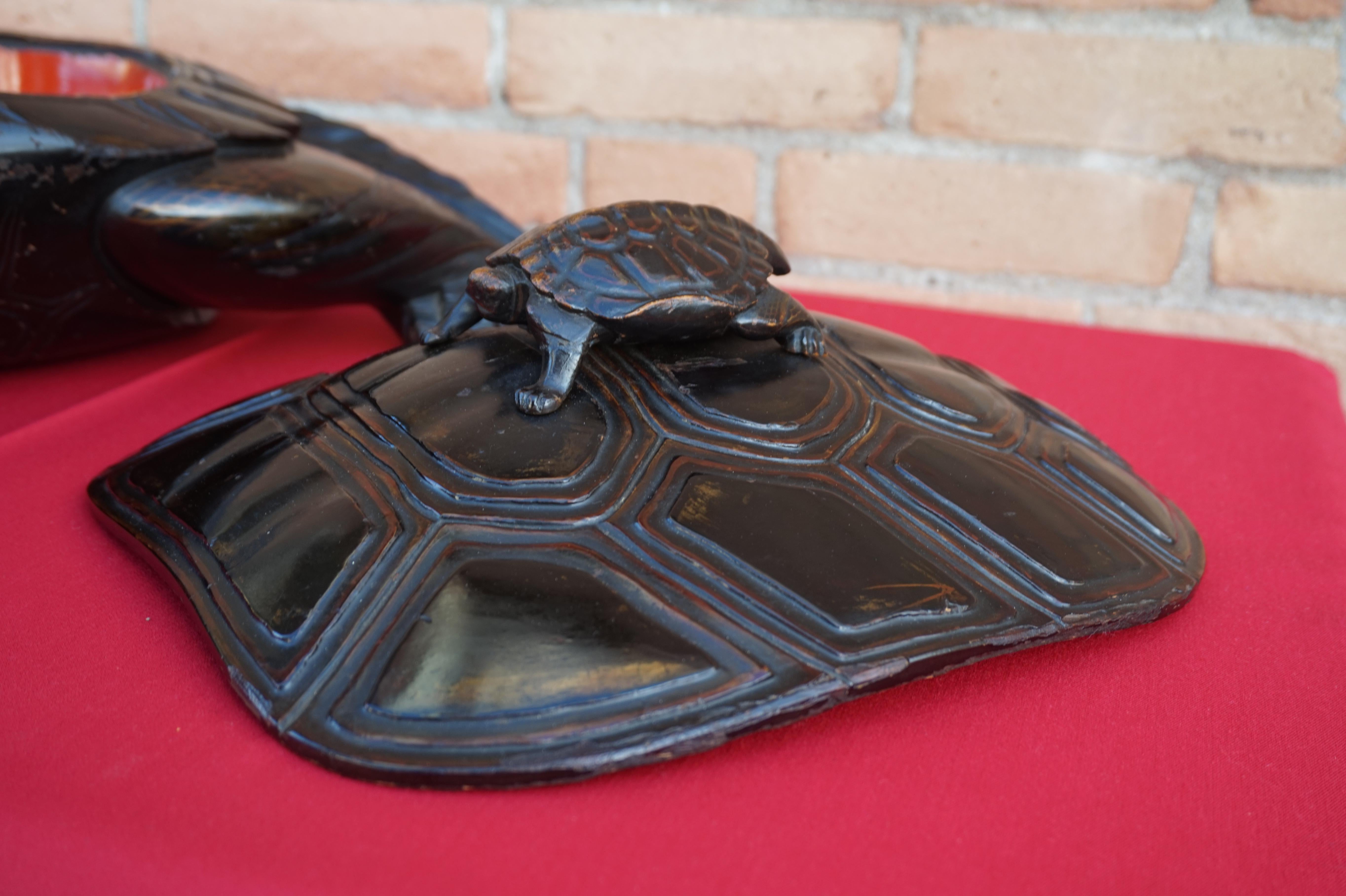 Large & Unique 1930 Hand Carved & Lacquered Wood Japanese Tortoise Sculpture Box 1