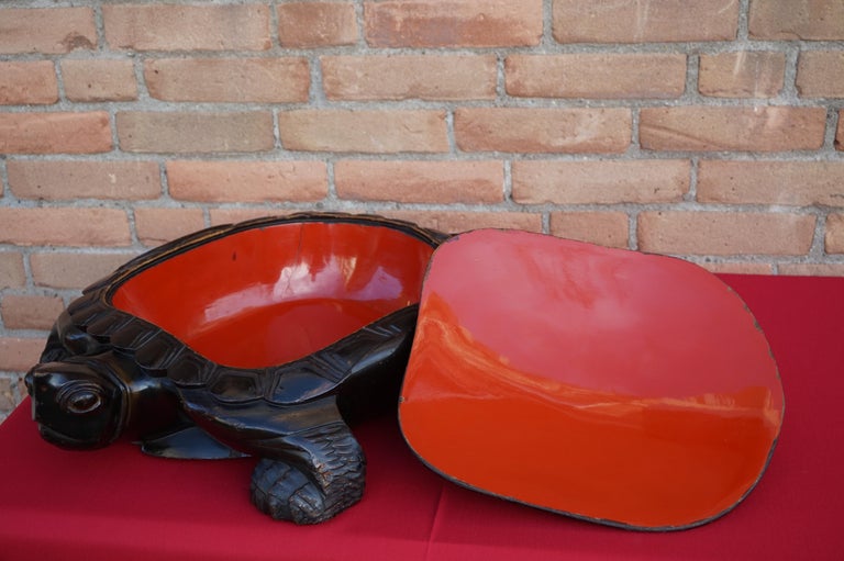 Large and Unique 1930 Hand Carved and Lacquered Wood Japanese Tortoise