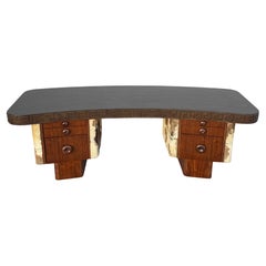 Unique 1940s Executive Walnut & Cowhide - Greek Key Nail Head Leather Top Desk