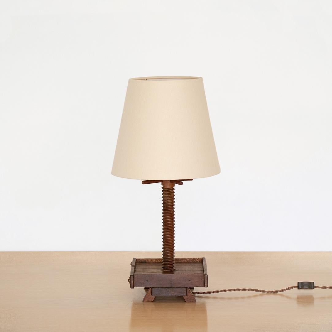 Linen Unique 1940s French Oak Table Lamp For Sale