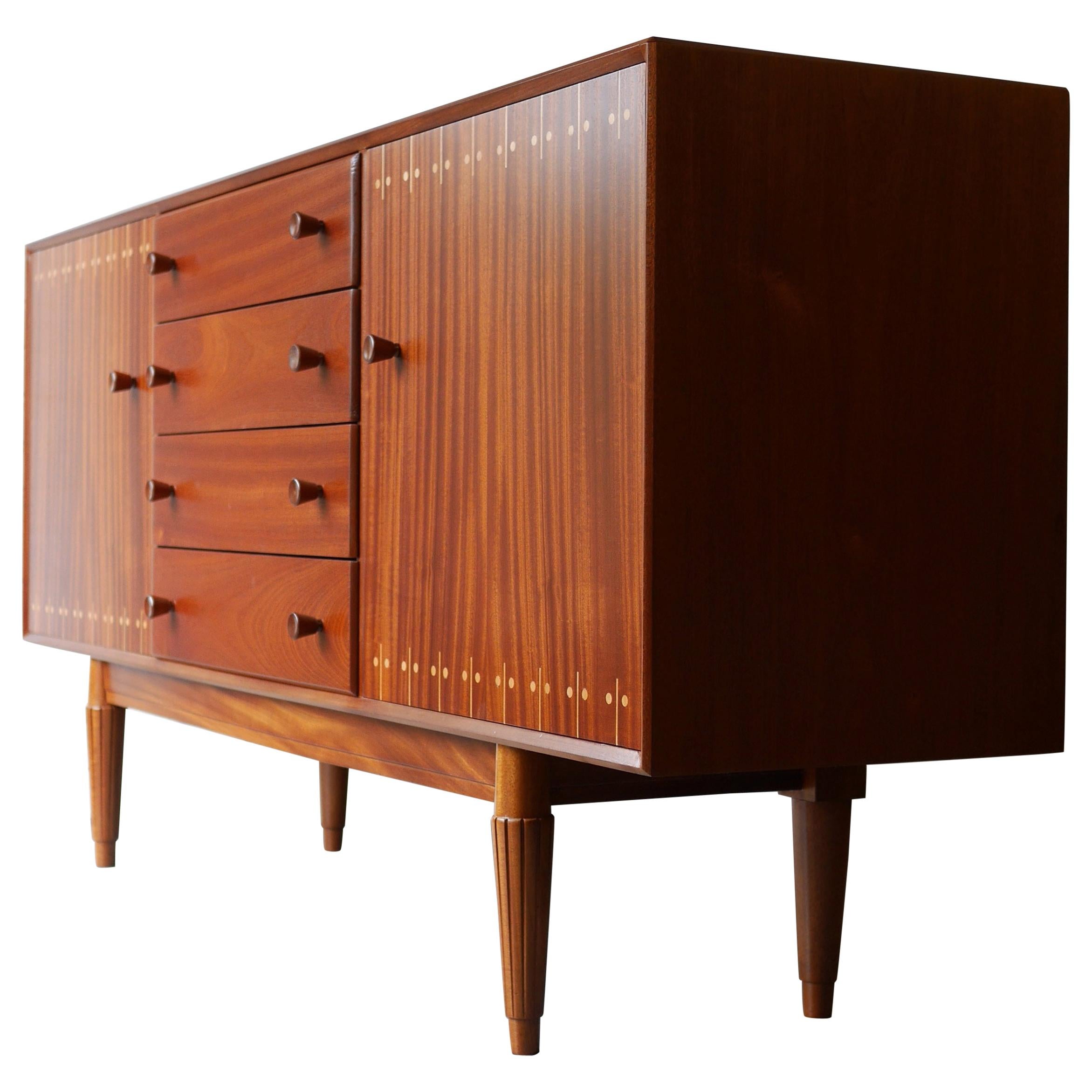 Unique 1950s British Cabinet-Maker Solid Mahogany and Sycamore Sideboard For Sale