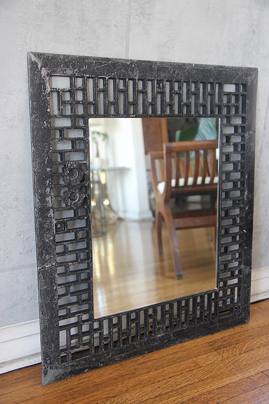 Mirror inserted into an antique cast iron stove plate, amazing details around the frame making it feel like an art deco piece. one holes on each side of the frame for placement to the wall vertically or horizontally.
This Mirror is unique chic and