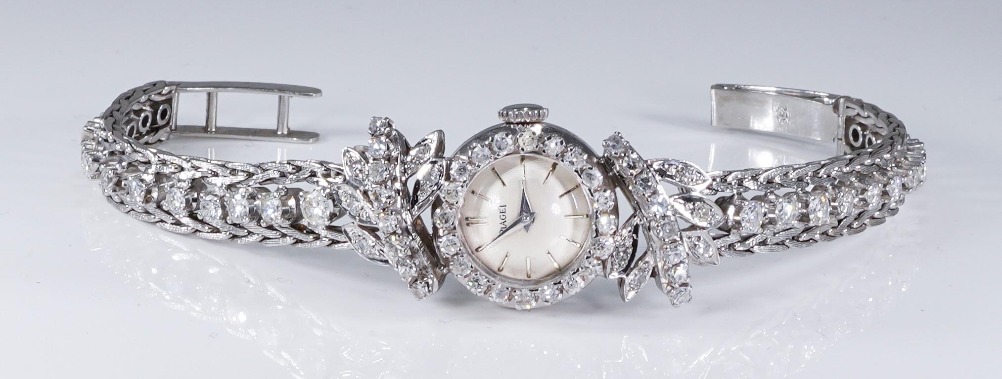 A Unique 1950-60s Piaget 18kt White Gold Diamond Set Tree & Leaf designed Open Work Textured Bracelet Watch

Basic Specifications & Case Dimensions

- Fits up to a 165 mm Wrist Size
*Can be resized shorter or extended as a complimentary service if