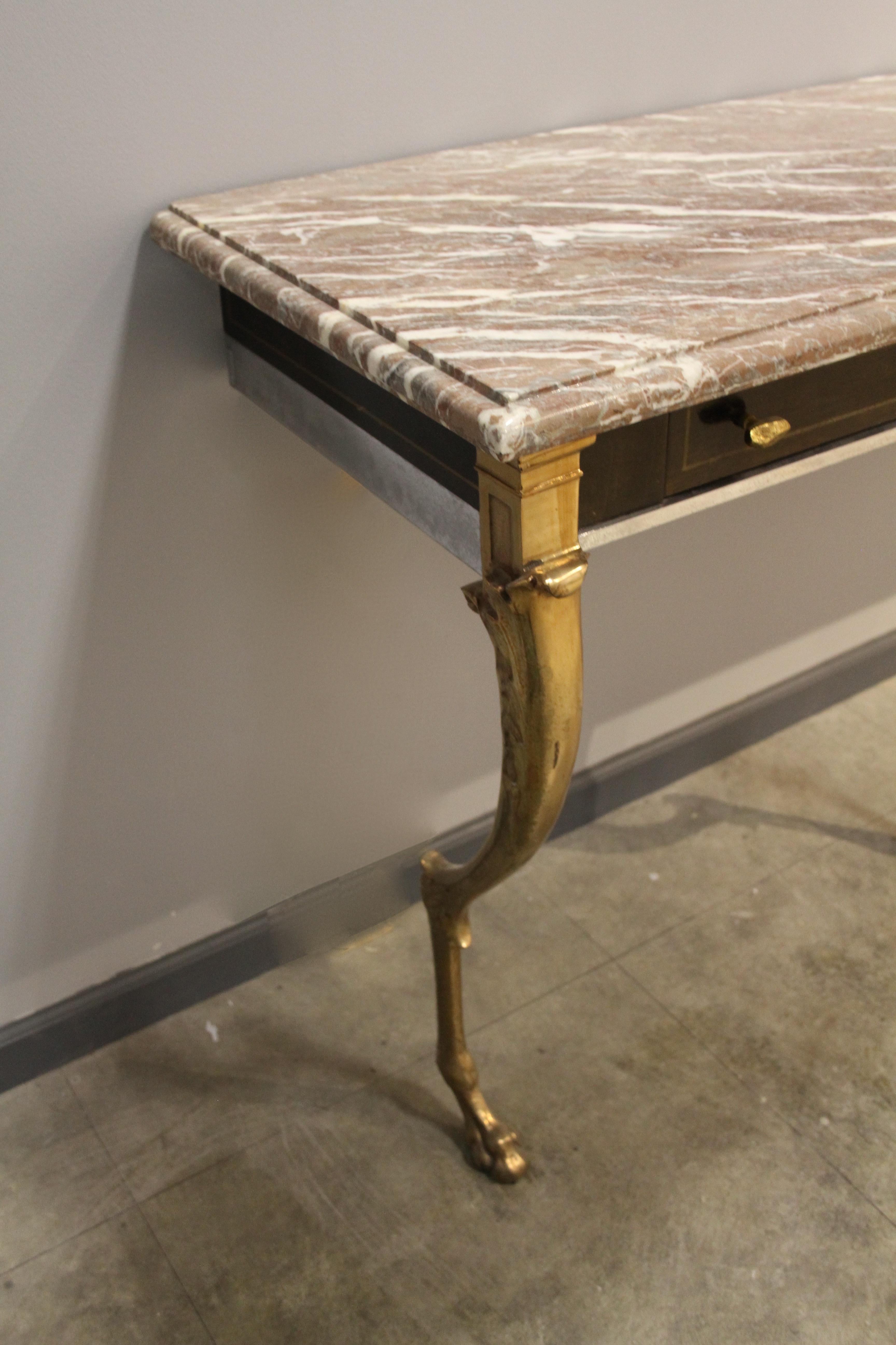 Unique 1970s Hollywood Regency Sideboard with Brass Hoof Legs and Marble Top For Sale 6